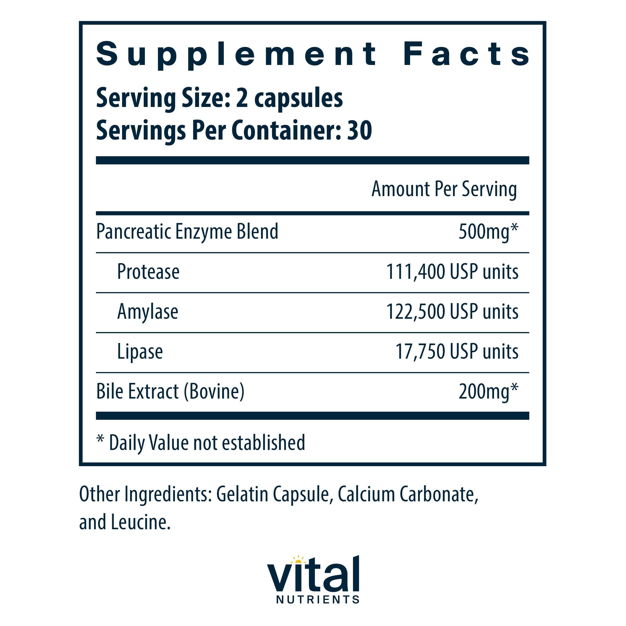 Vital Nutrients Ox Bile daily Enzyme Supplement 500mg side view