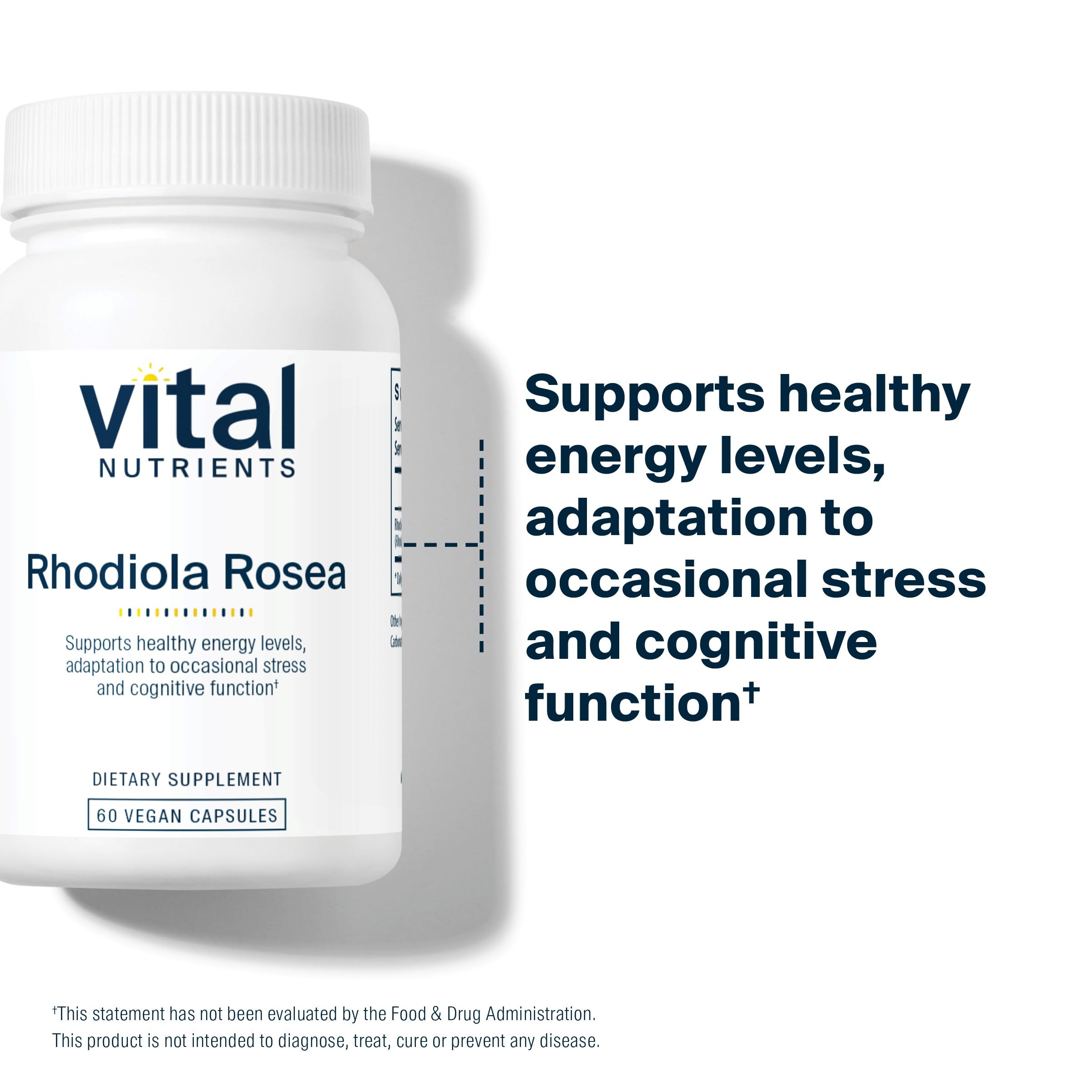 Vital Nutrients Rhodiola Rosea 400mg herbal supplement capsules on a table