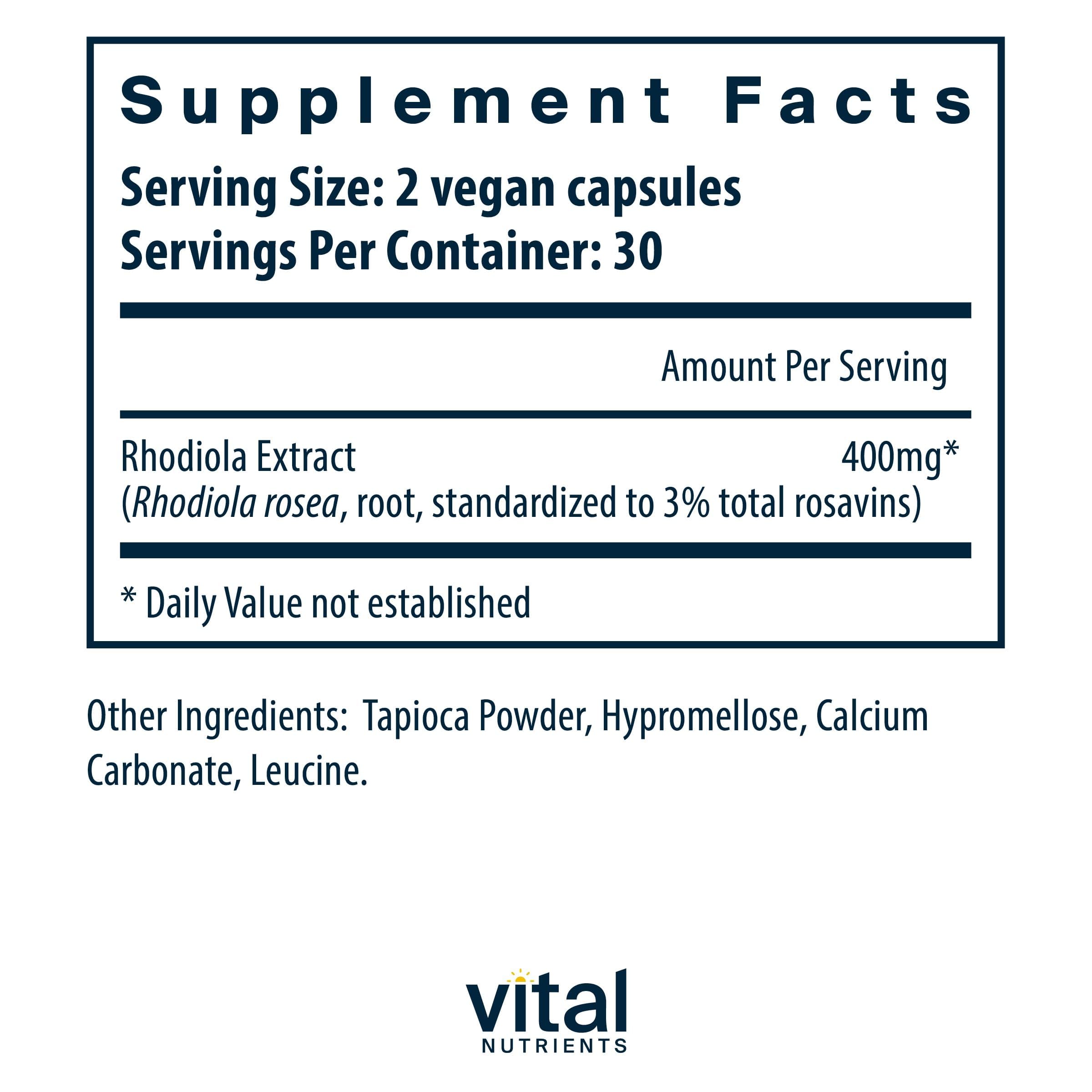 Vital Nutrients Rhodiola Rosea 400mg herbal supplement side view