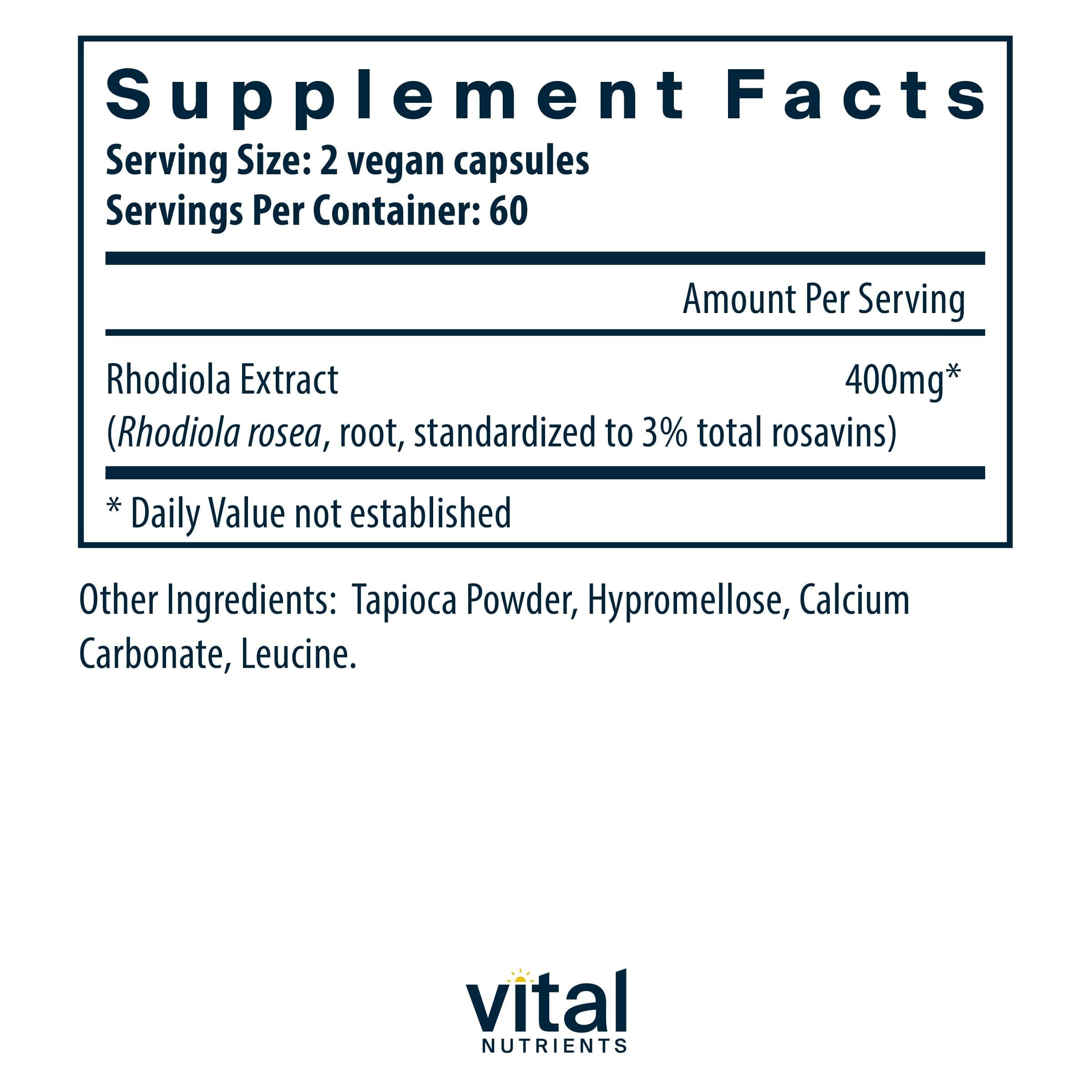 Vital Nutrients Rhodiola Rosea 400mg supplement capsule close-up