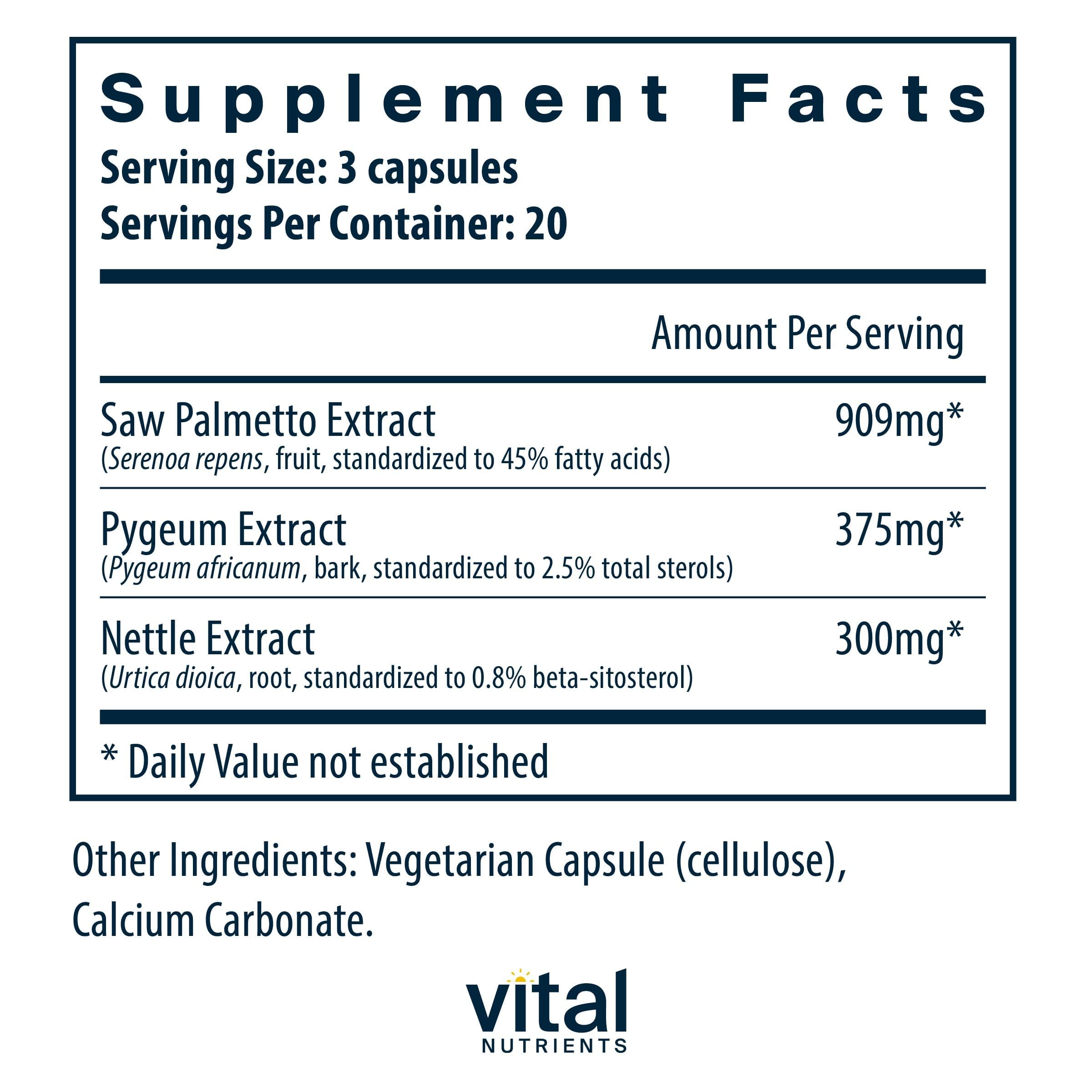Vital Nutrients Saw Palmetto Prostate Supplement packaging side view