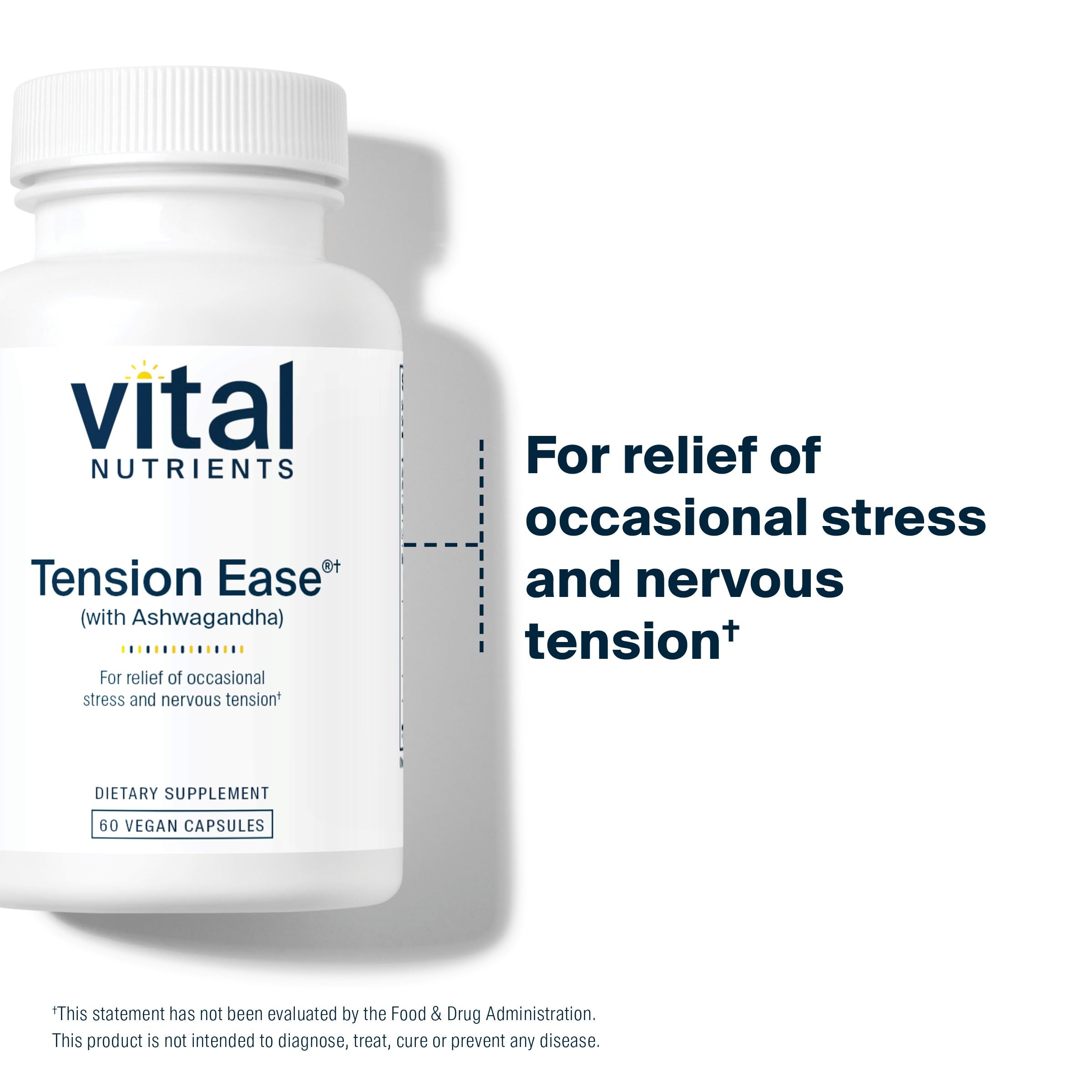 Vital Nutrients Tension Ease Ashwagandha supplement with herbal background