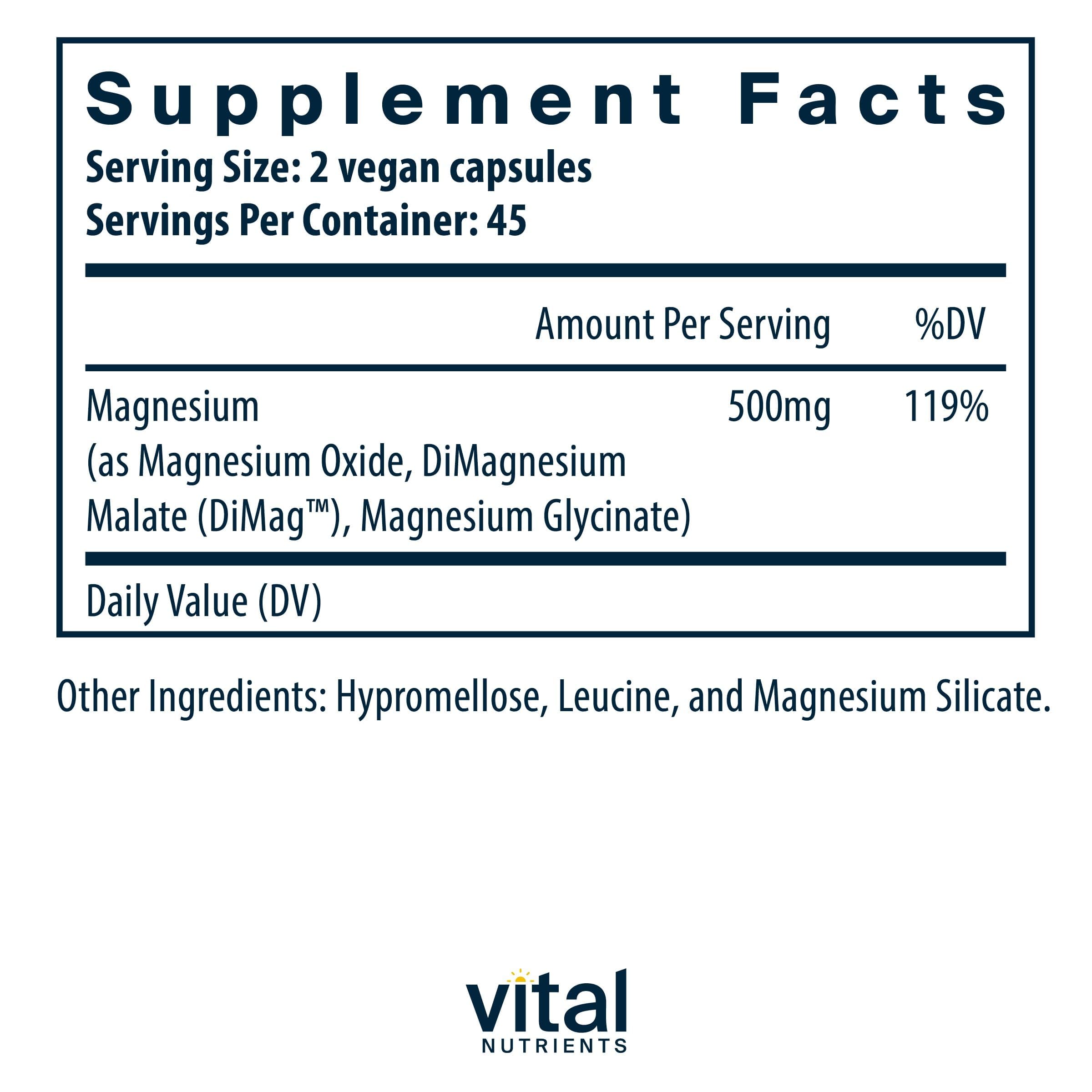 Vital Nutrients Triple Magnesium Complex 500mg vegan capsules side view