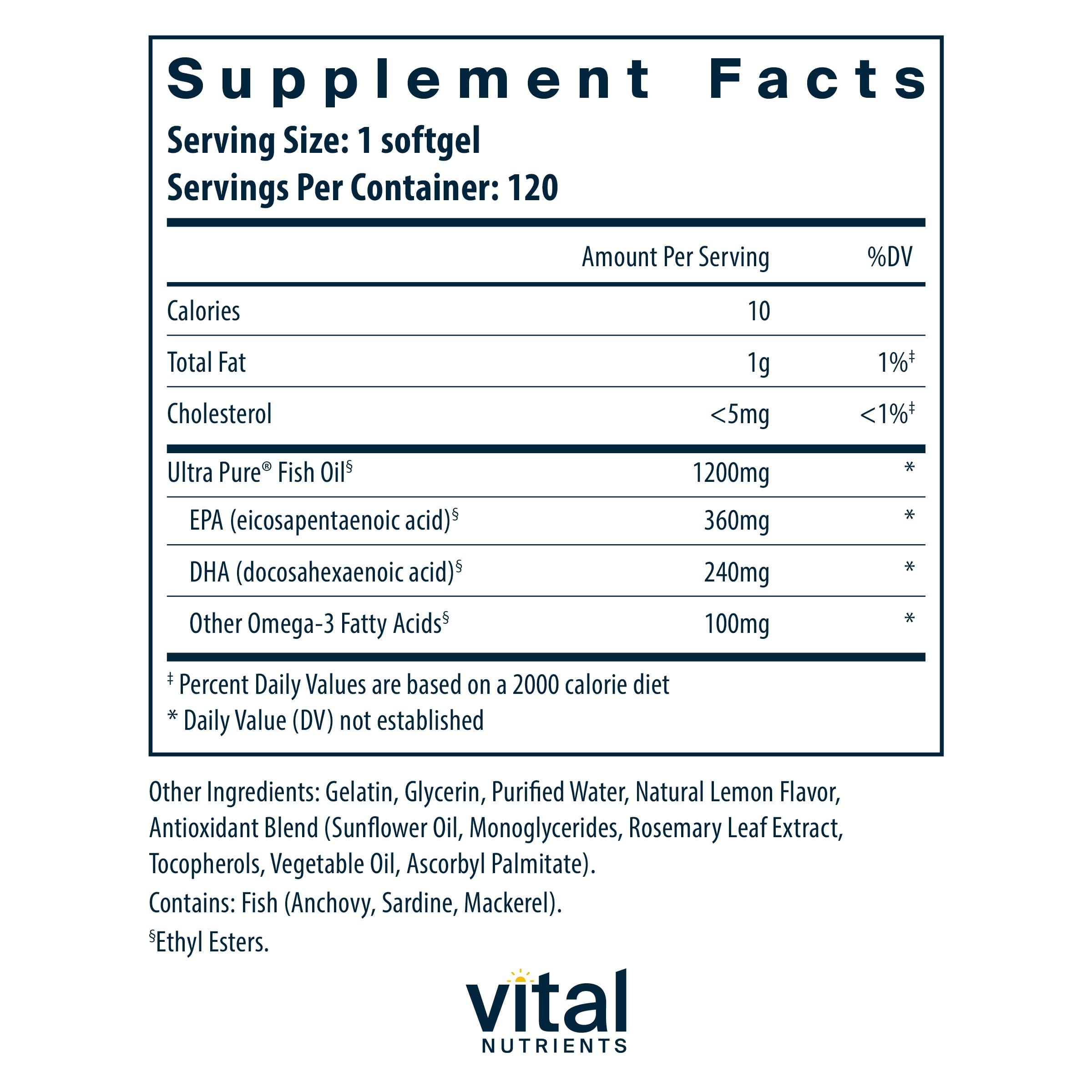 Vital Nutrients Ultra Pure Fish Oil 700 softgels back view with nutritional information