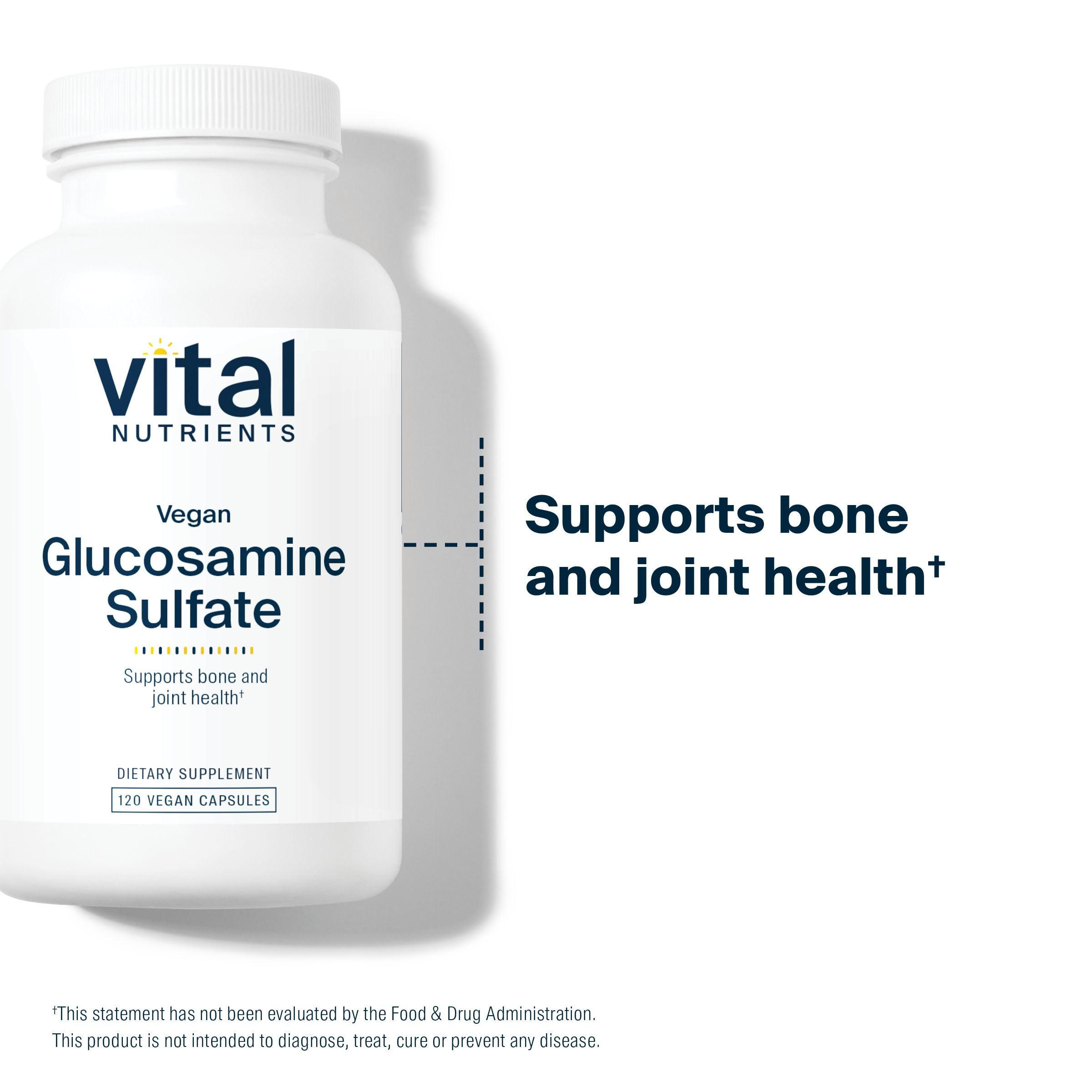 Vital Nutrients Vegan Glucosamine Sulfate 750mg supplement with a measuring spoon