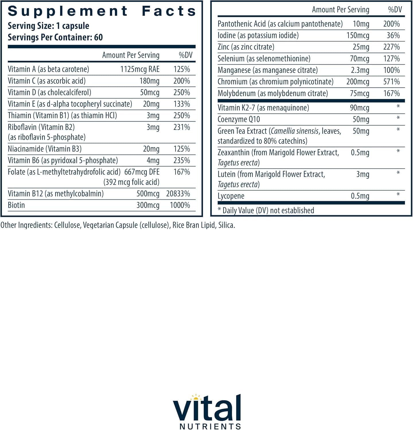 Vital Nutrients Vegan Multivitamin 30 Capsules side view