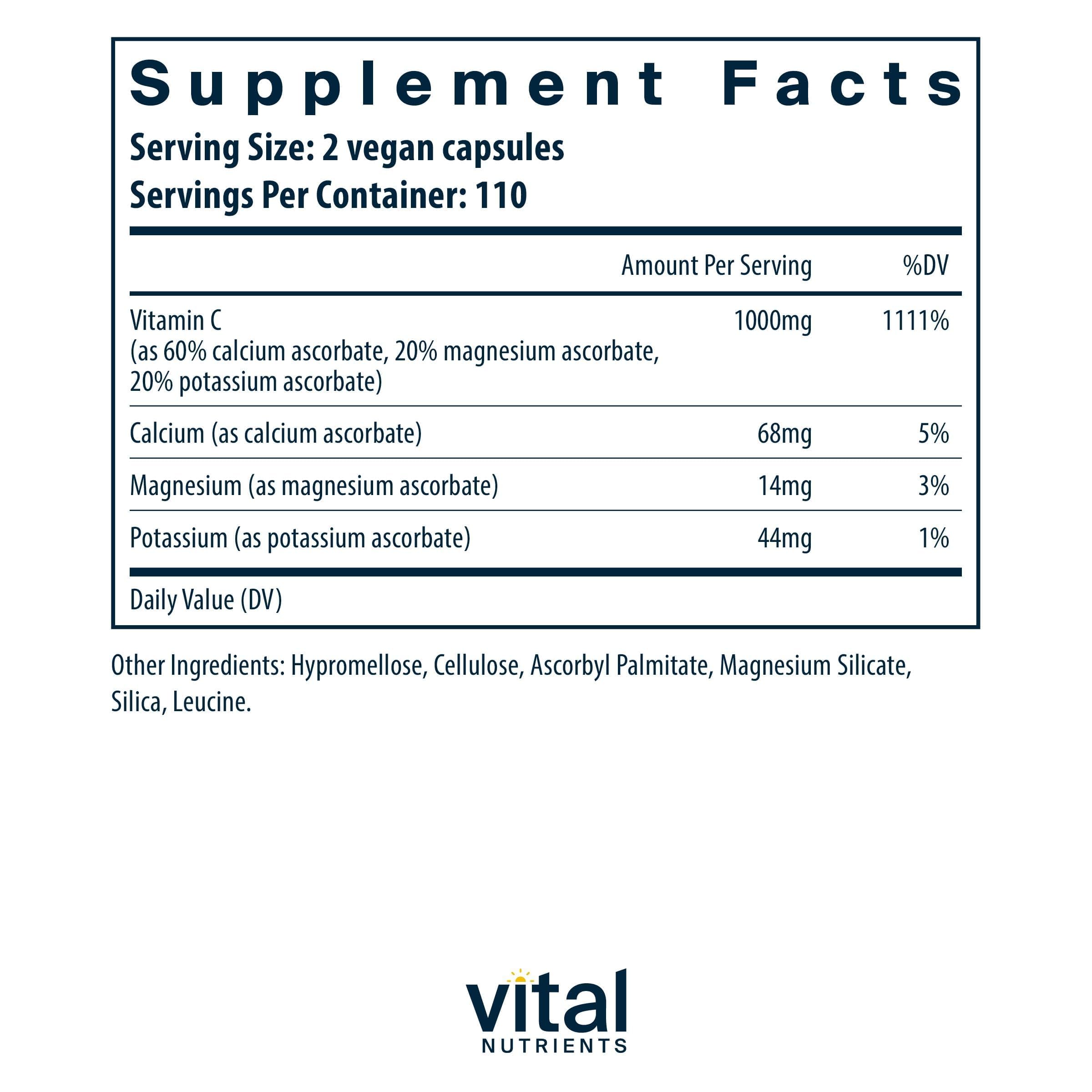 Vital Nutrients Vitamin C 1000mg capsules side view with label