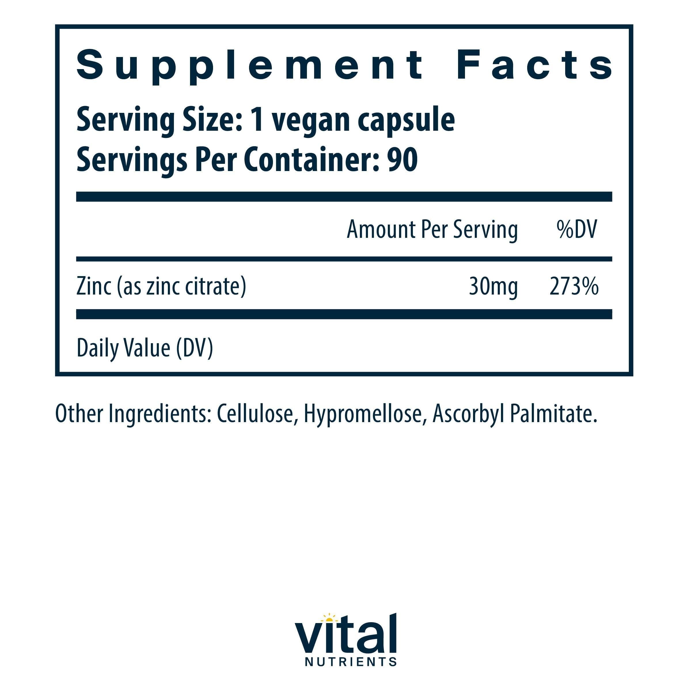 Vital Nutrients Zinc Citrate Supplement side view
