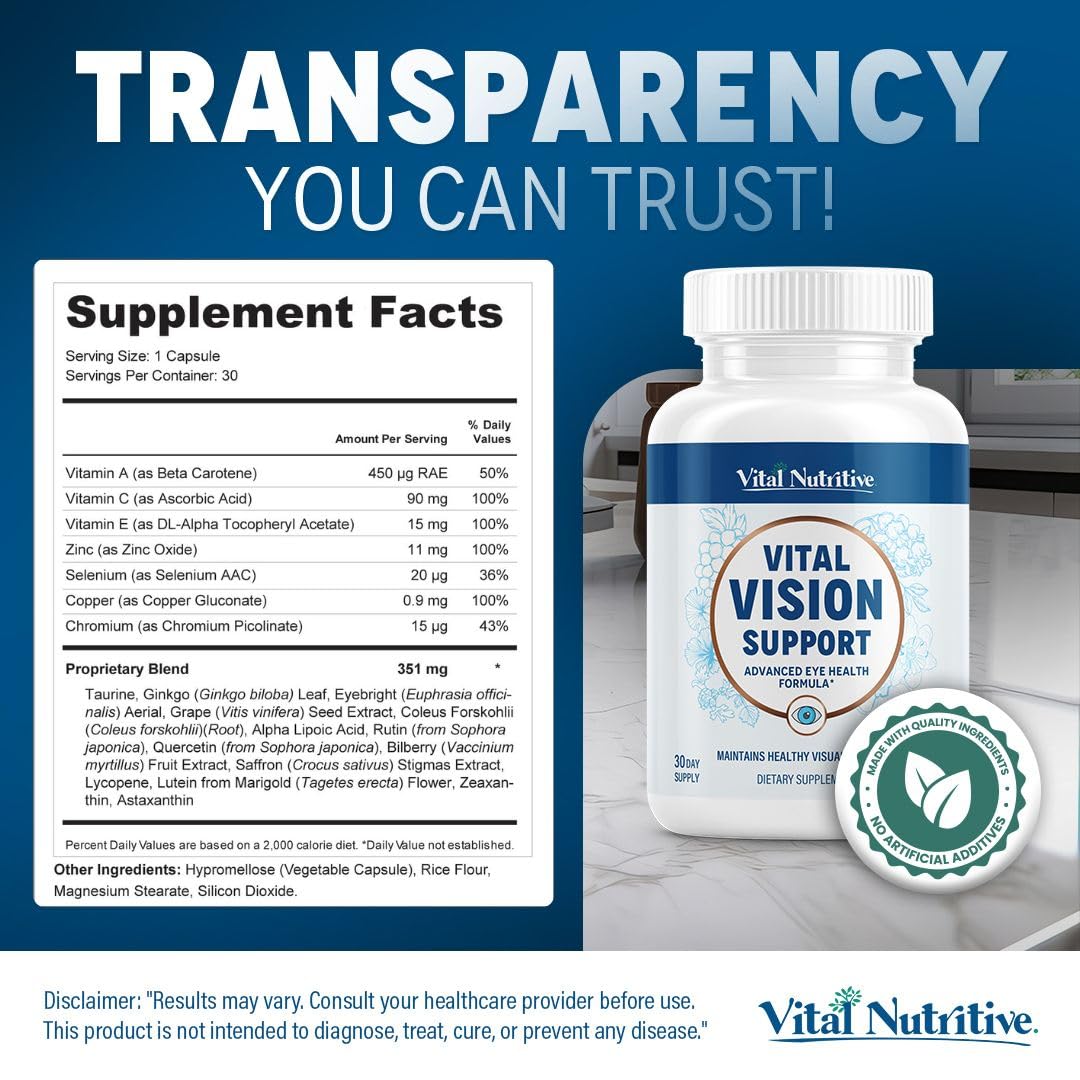 VITAL NUTRITIVE Lutein Eye Supplement on a wooden table