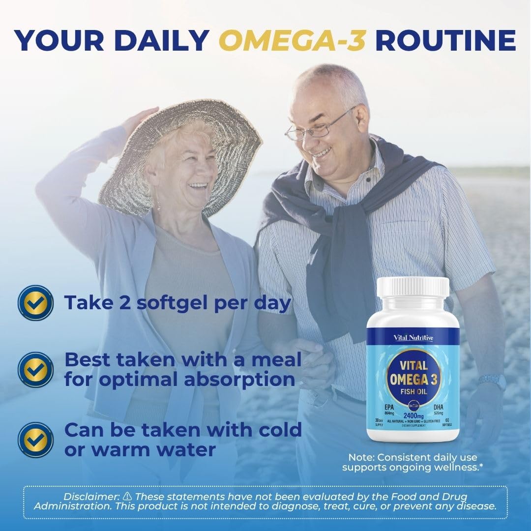 VITAL NUTRITIVE Omega-3 Fish Oil Capsules 2400mg with lemon flavour