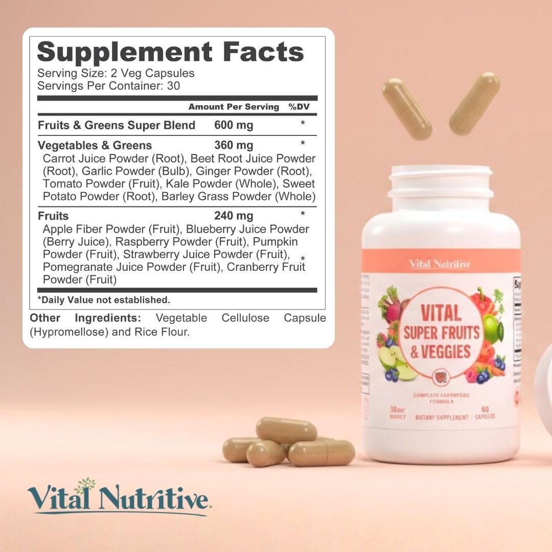 VITAL NUTRITIVE Super Fruits and Vegetables capsules on a wooden table