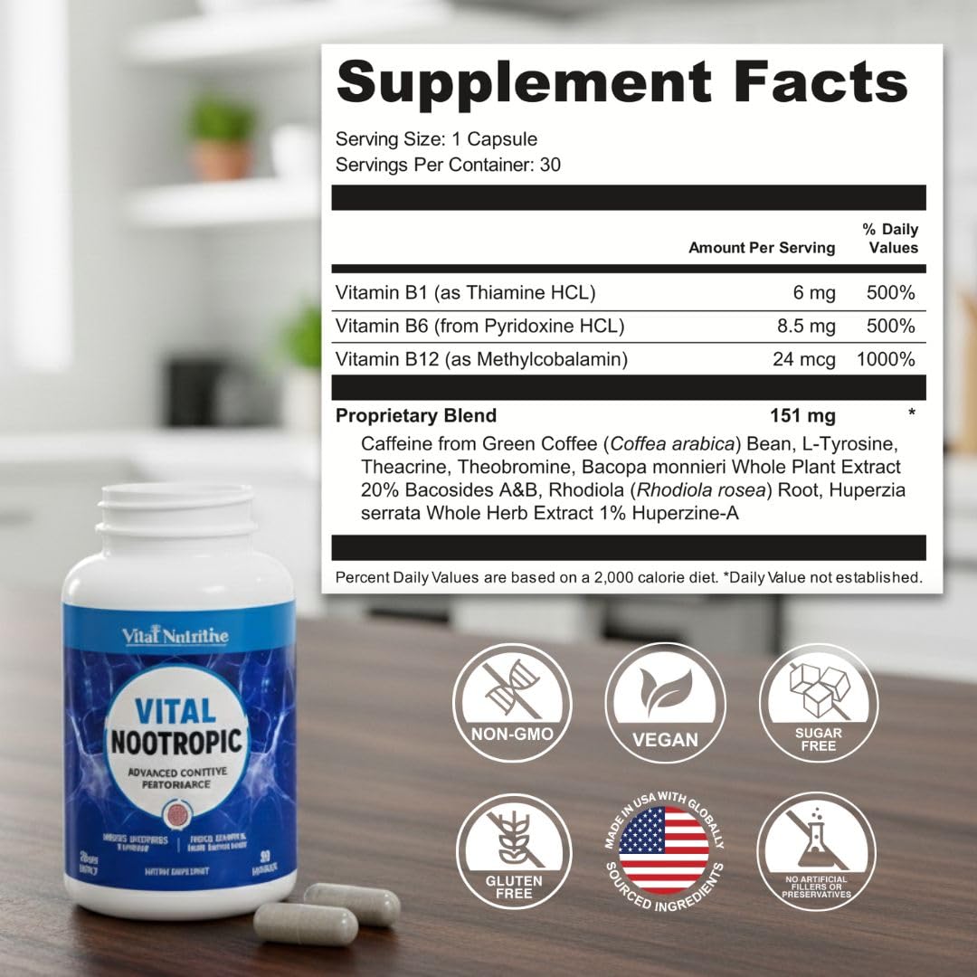 VITAL NUTRITIVE Vital Nootropic capsules on a desk with a laptop
