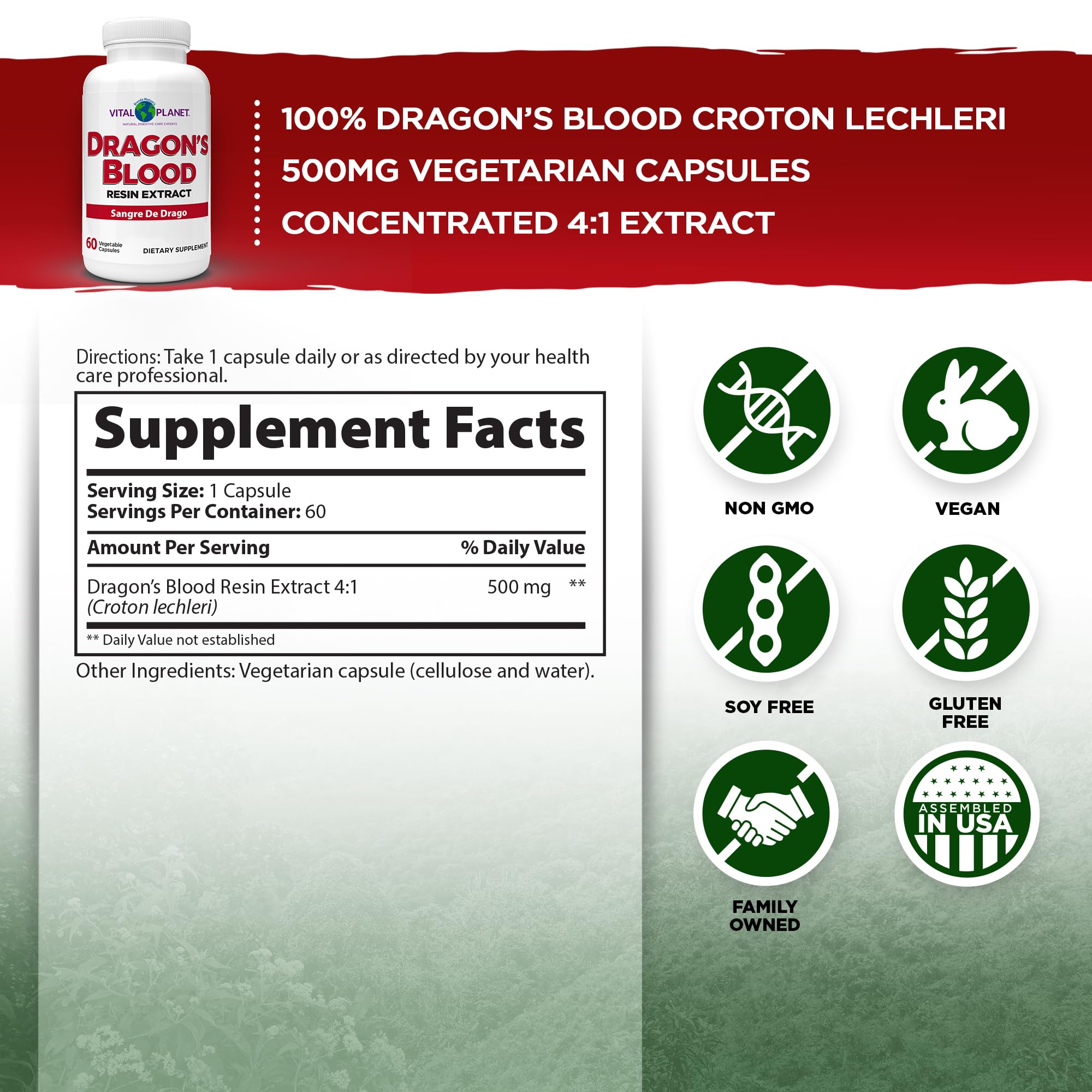 Vital Planet Dragon’s Blood 500mg capsules bottle side view