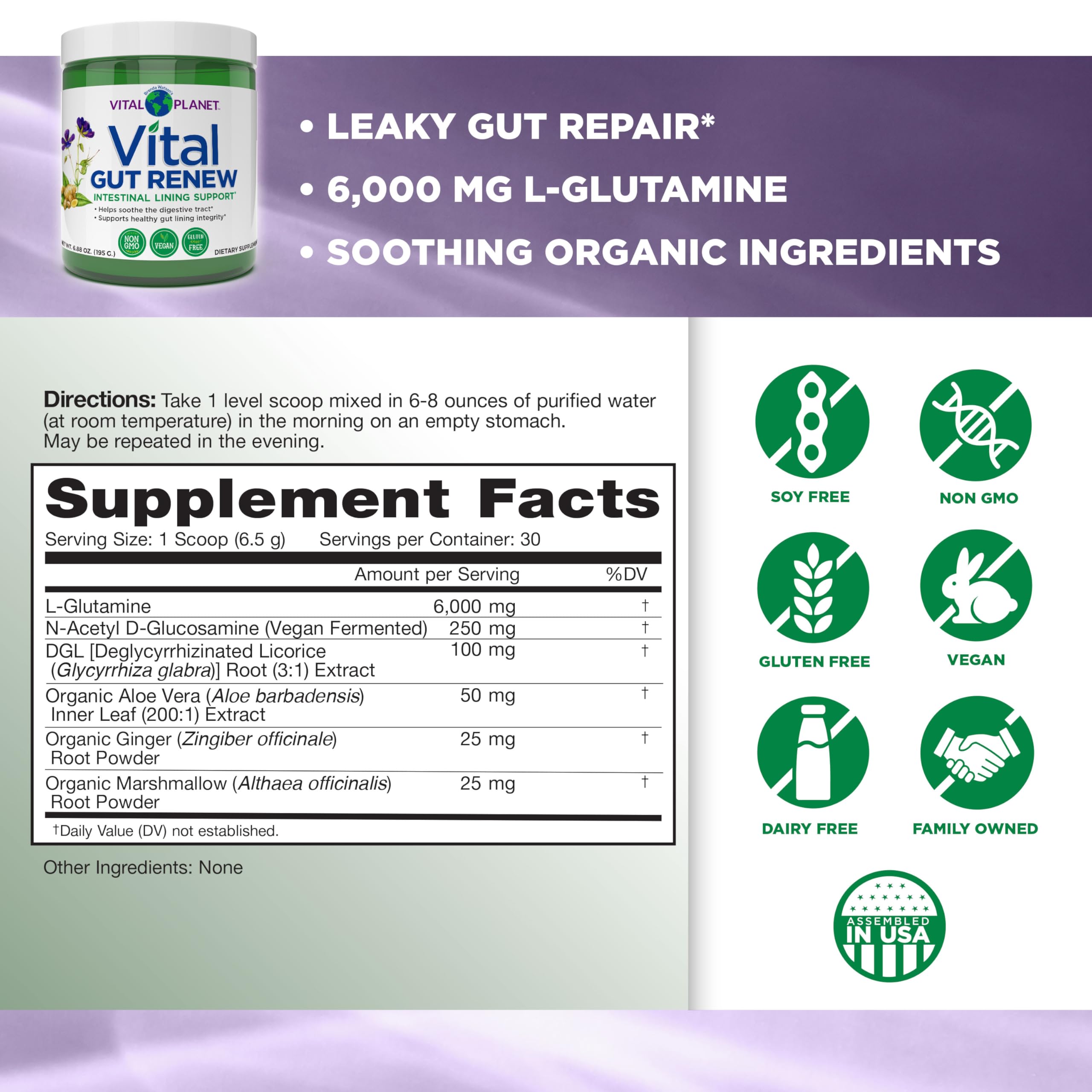 Vital Planet Gut Renew L-Glutamine Powder 195g packaging