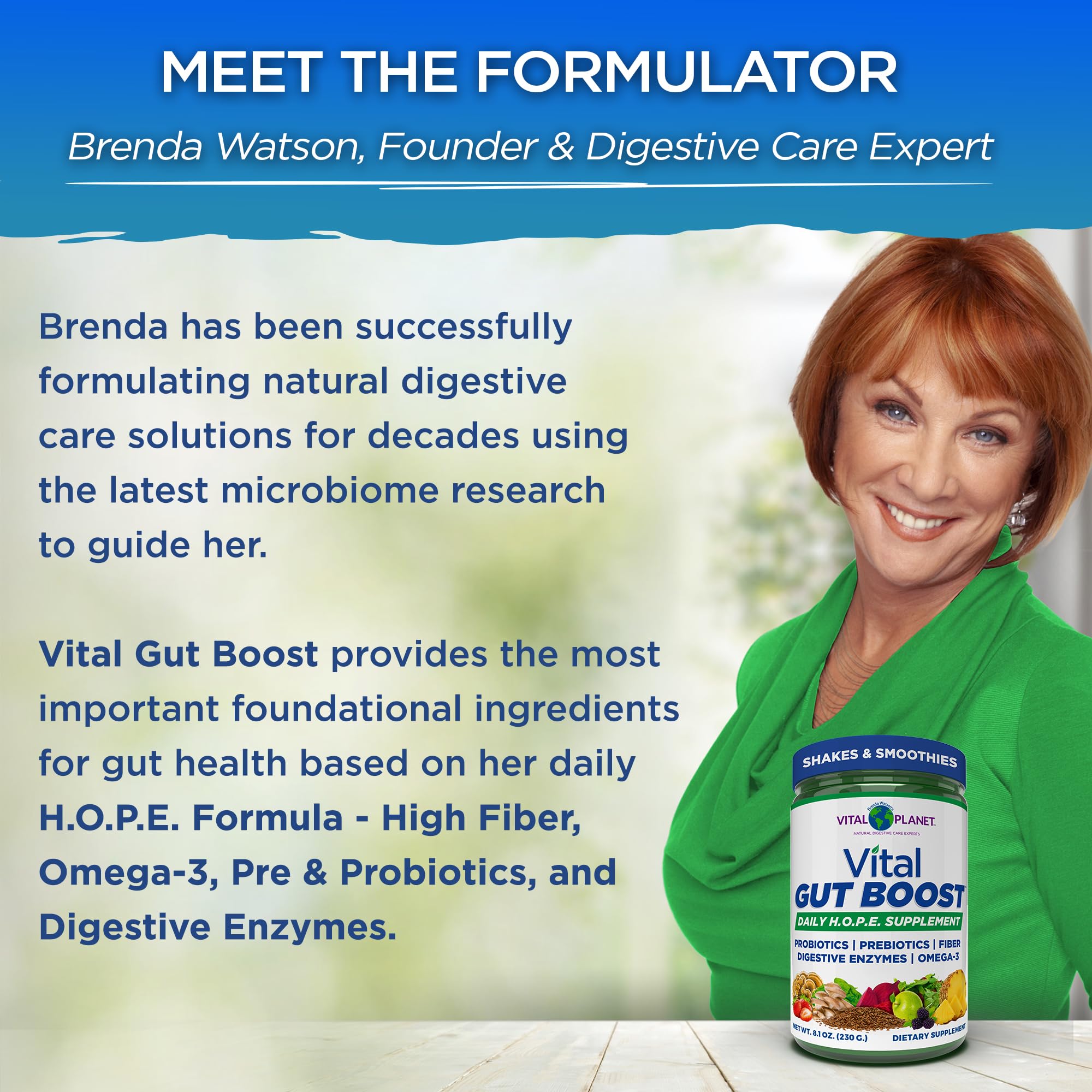 Vital Planet Gut support 299g lifestyle scene with fruits