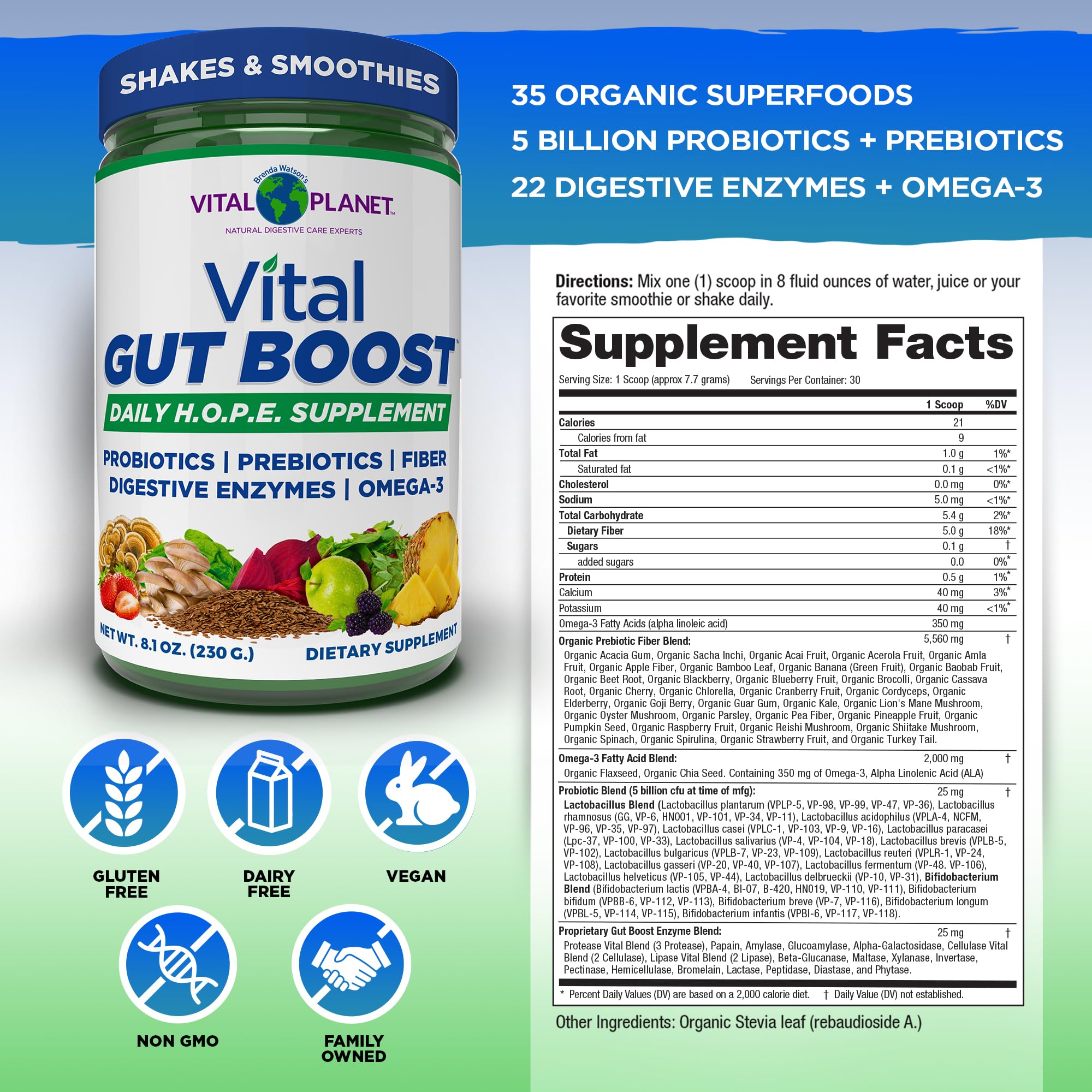 Vital Planet Gut support 299g side view with ingredients