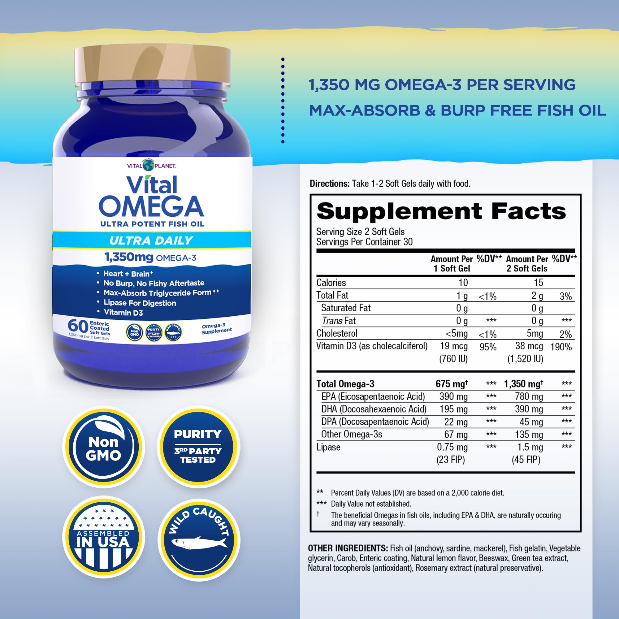 Vital Planet Omega-3 Fish Oil Supplement 1350mg side view with softgels