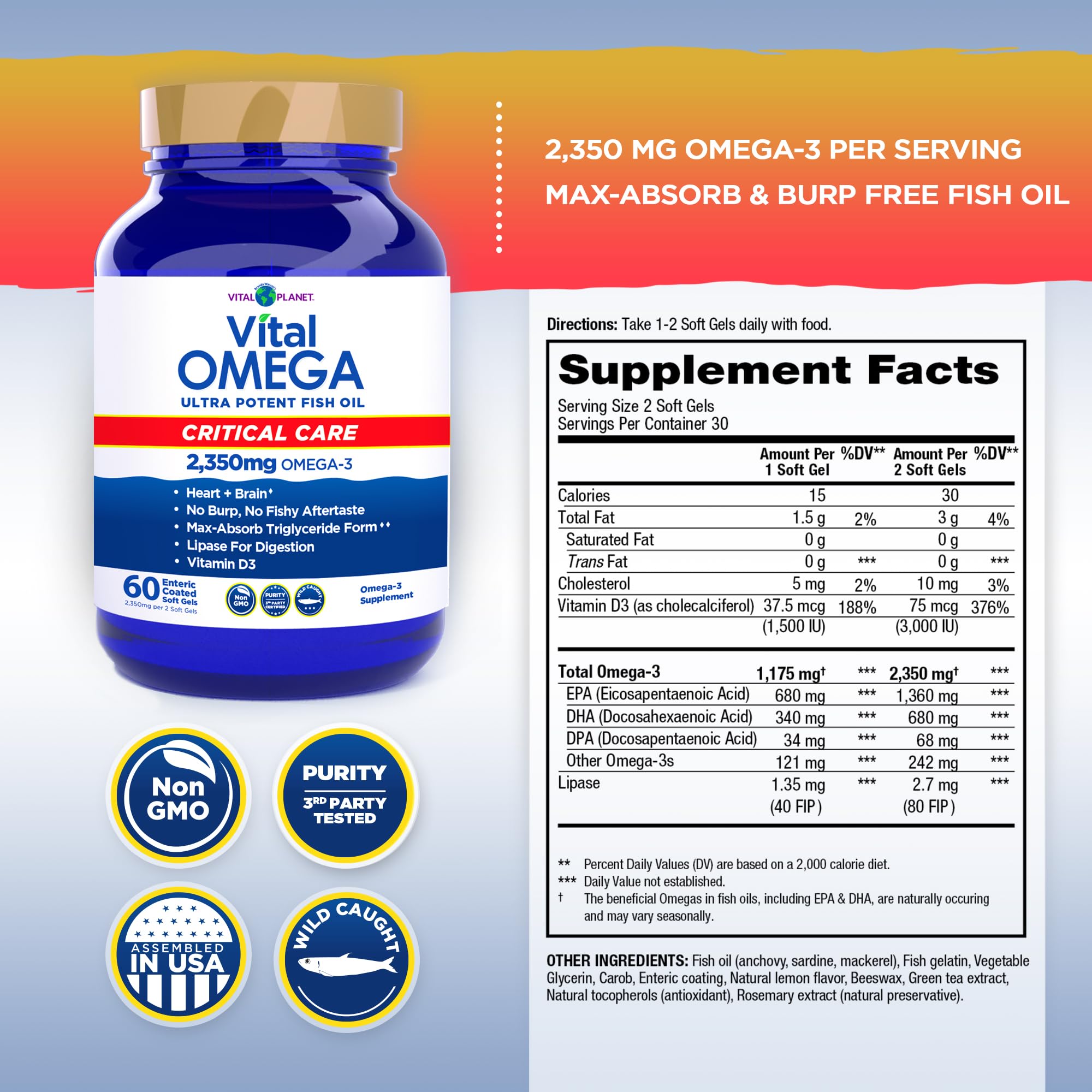 Vital Planet Omega-3 Fish Oil Supplement 2350mg side view