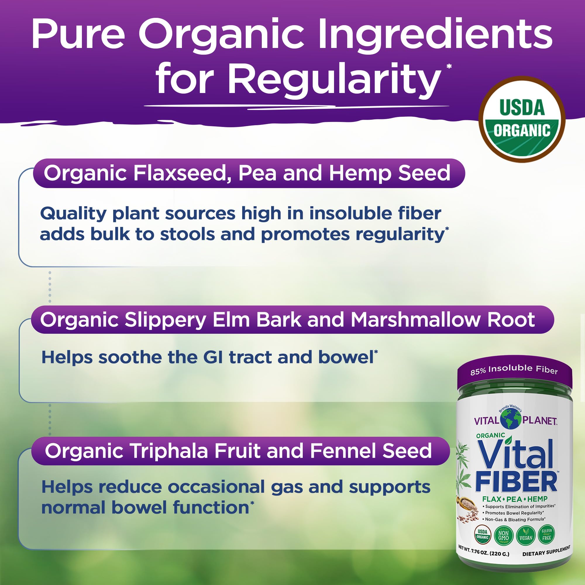 Vital Planet Organic Vital Fiber 221g back view packaging with ingredients