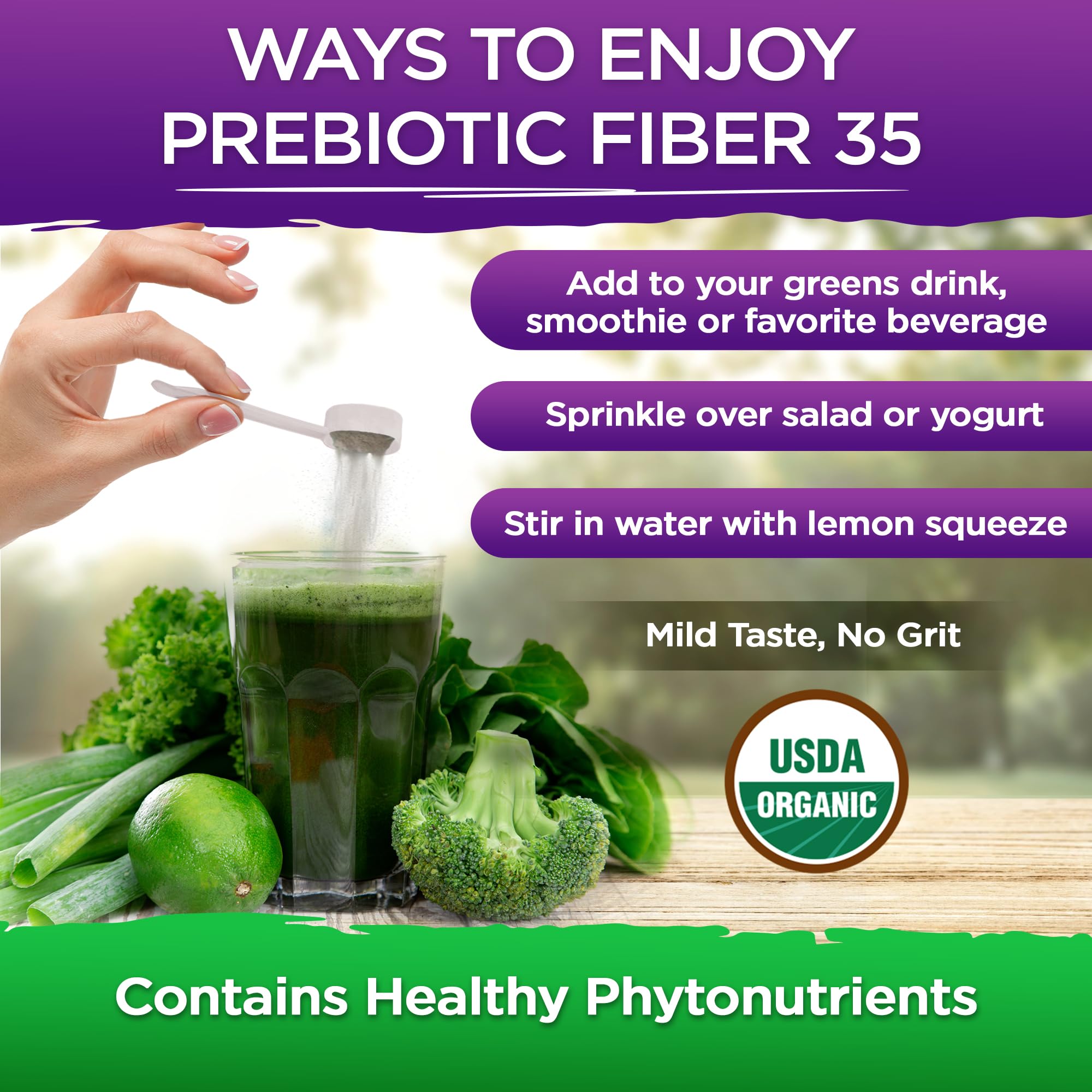 Vital Planet Prebiotic Fiber 35 Superfood Powder in a glass of water