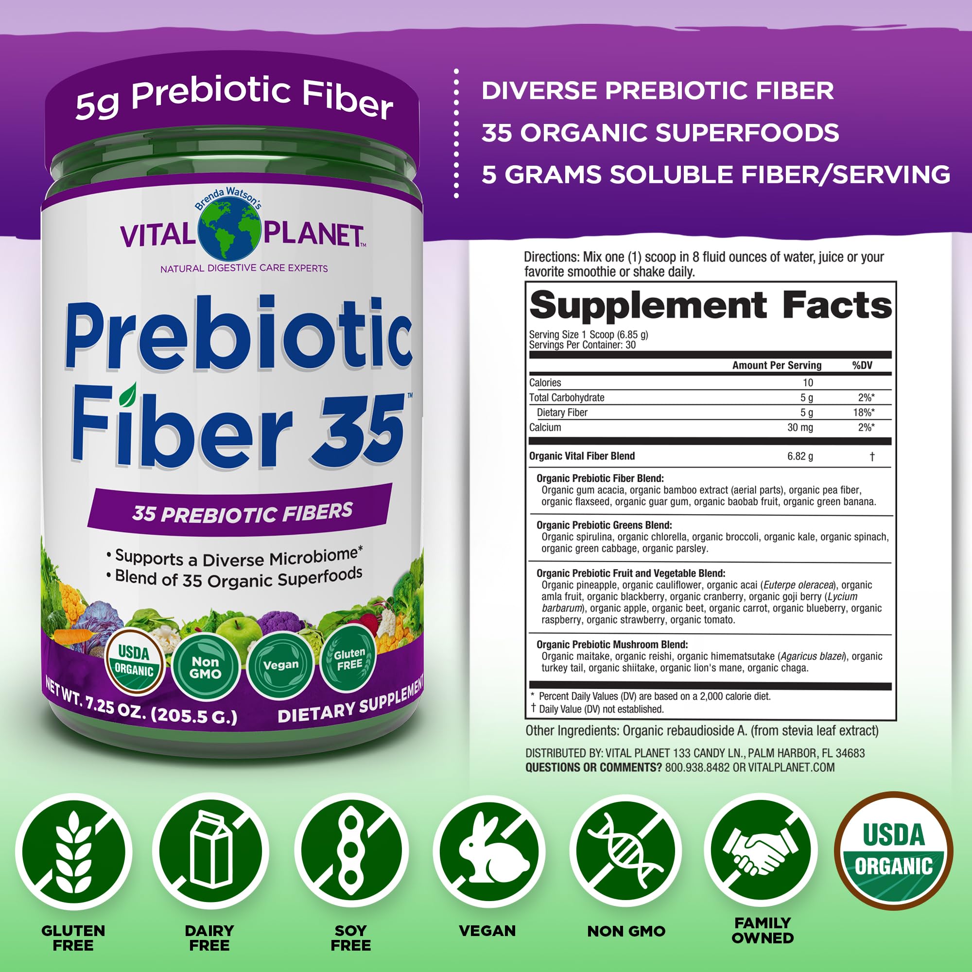 Vital Planet Prebiotic Fiber 35 Superfood Powder scoop included