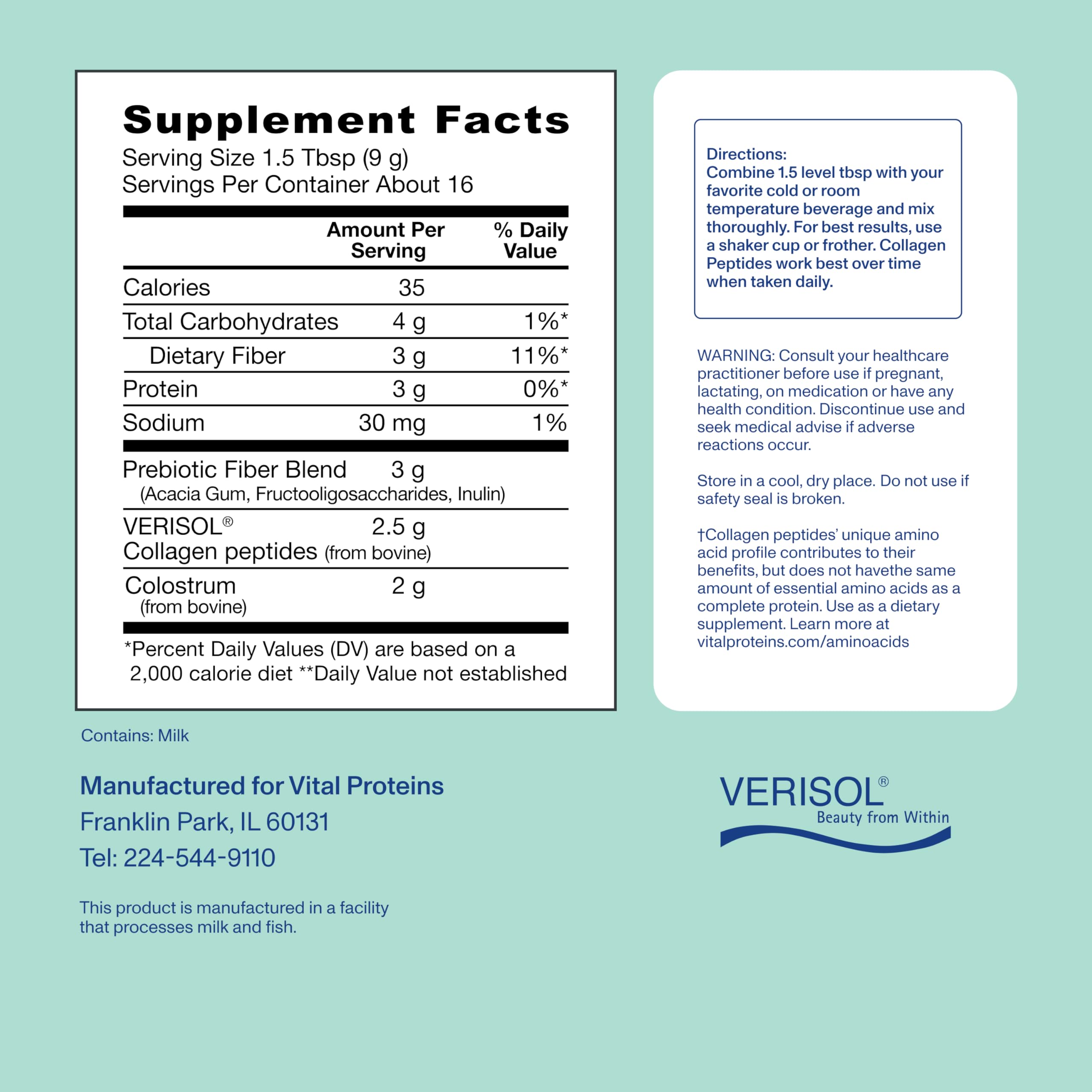 Vital Proteins Advanced Collagen + Colostrum 142g nutritional information