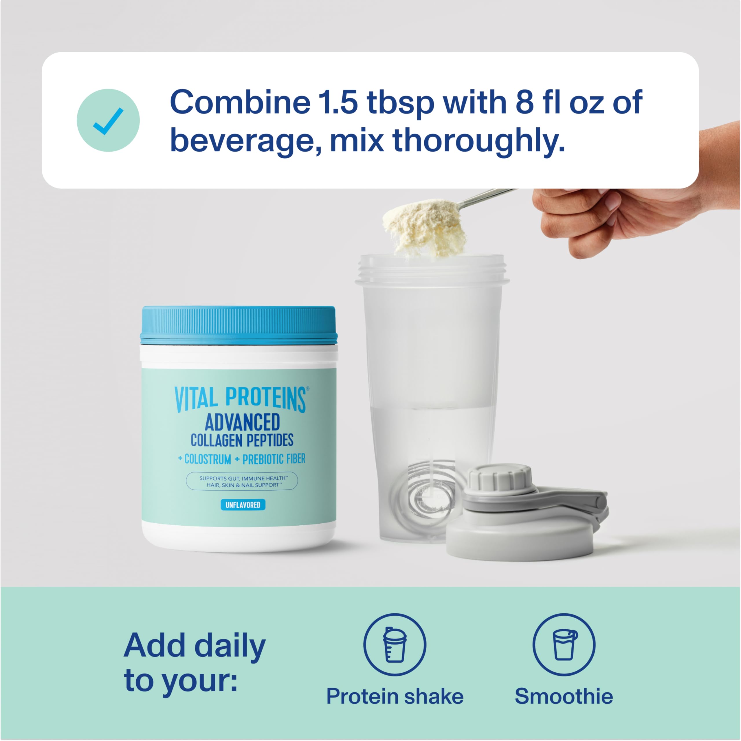 Vital Proteins Advanced Collagen + Colostrum 142g with a glass of water