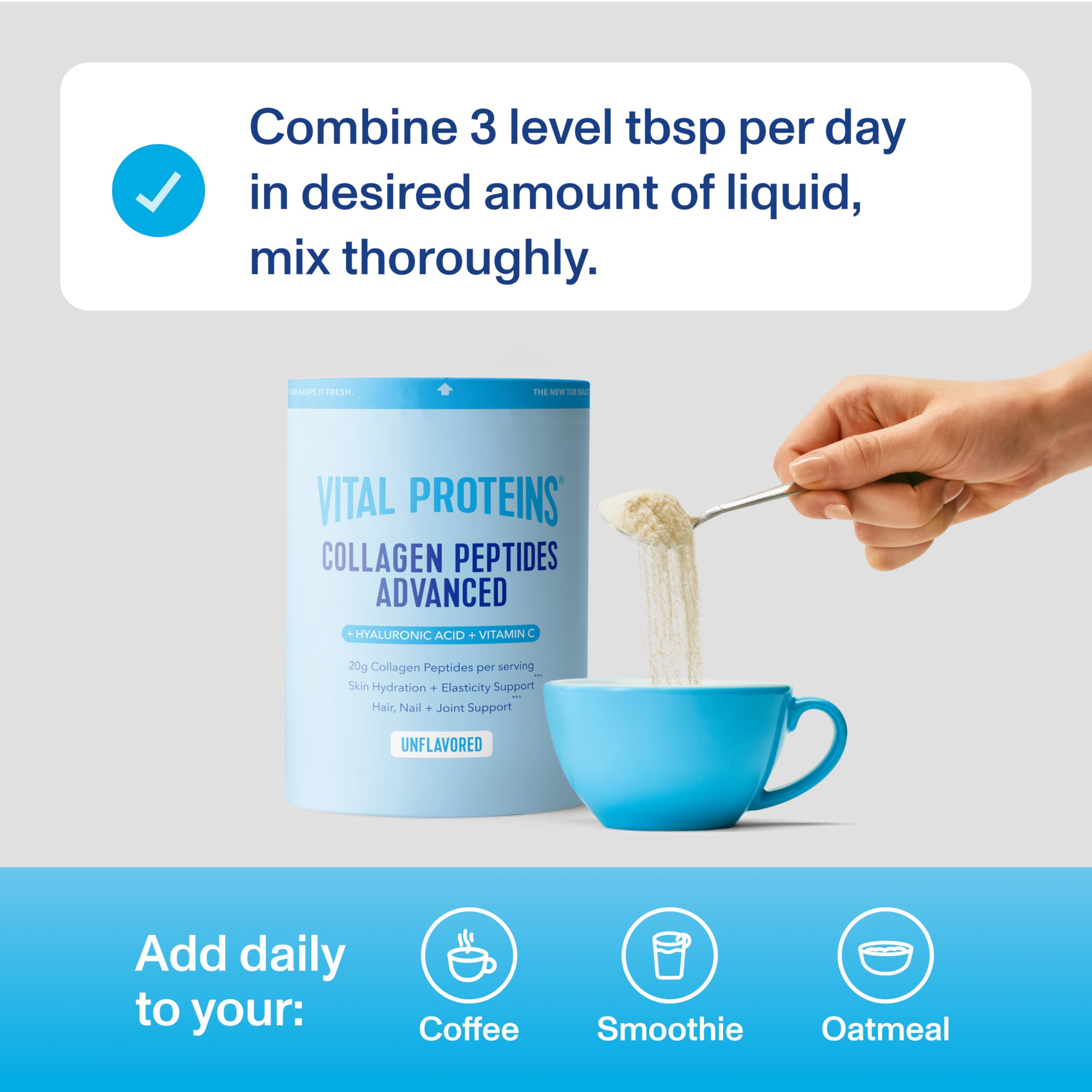Vital Proteins Collagen Peptides Advanced Powder scoop next to the container