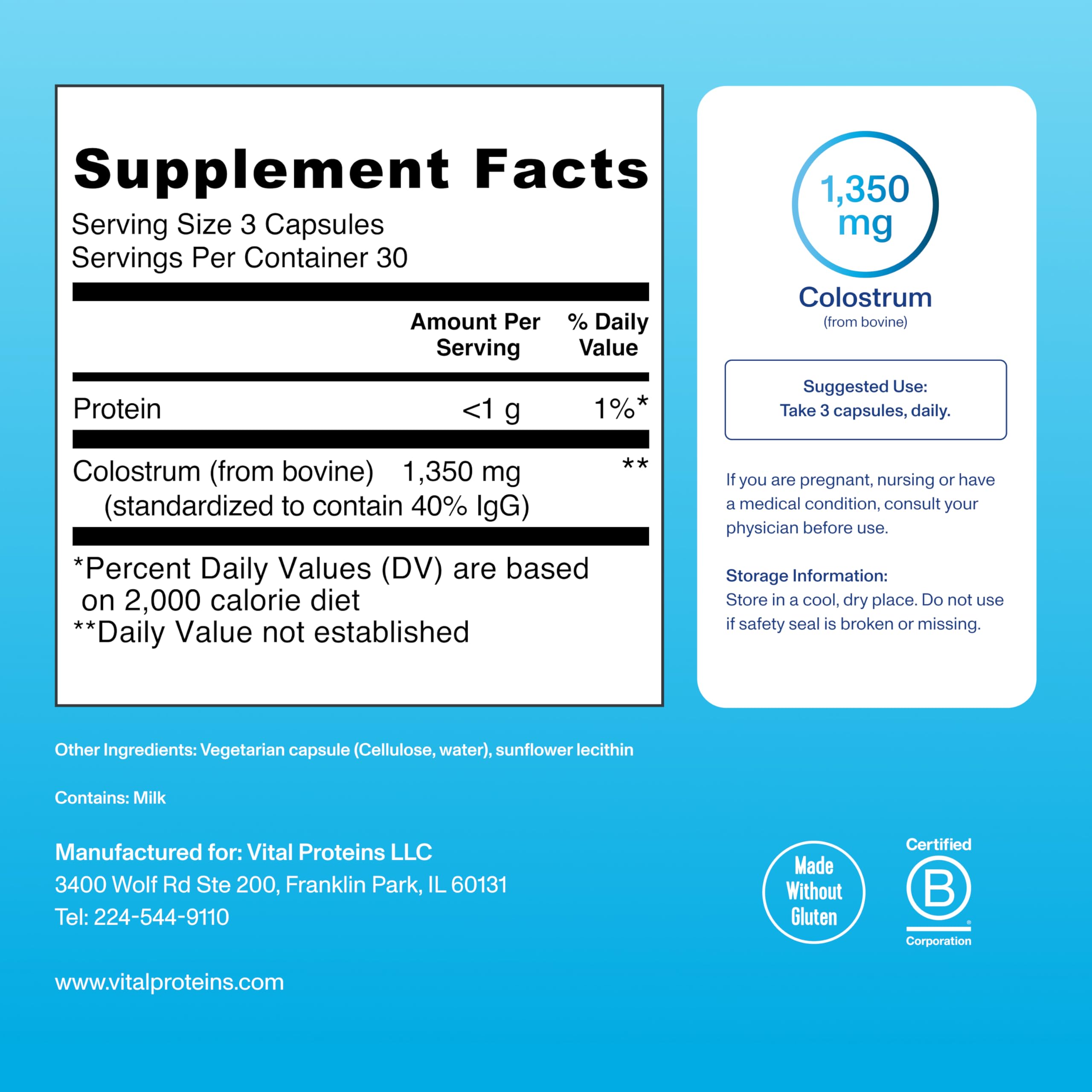 Vital Proteins Colostrum Capsules 100g on a table
