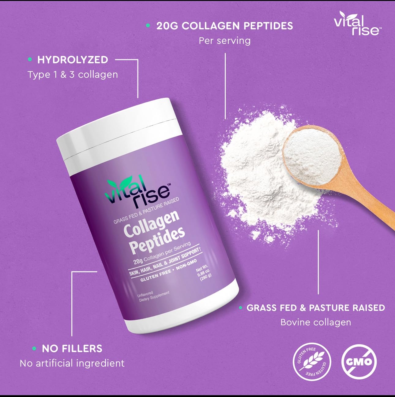 Vital Rise Collagen Powder 335g in a bowl with oatmeal