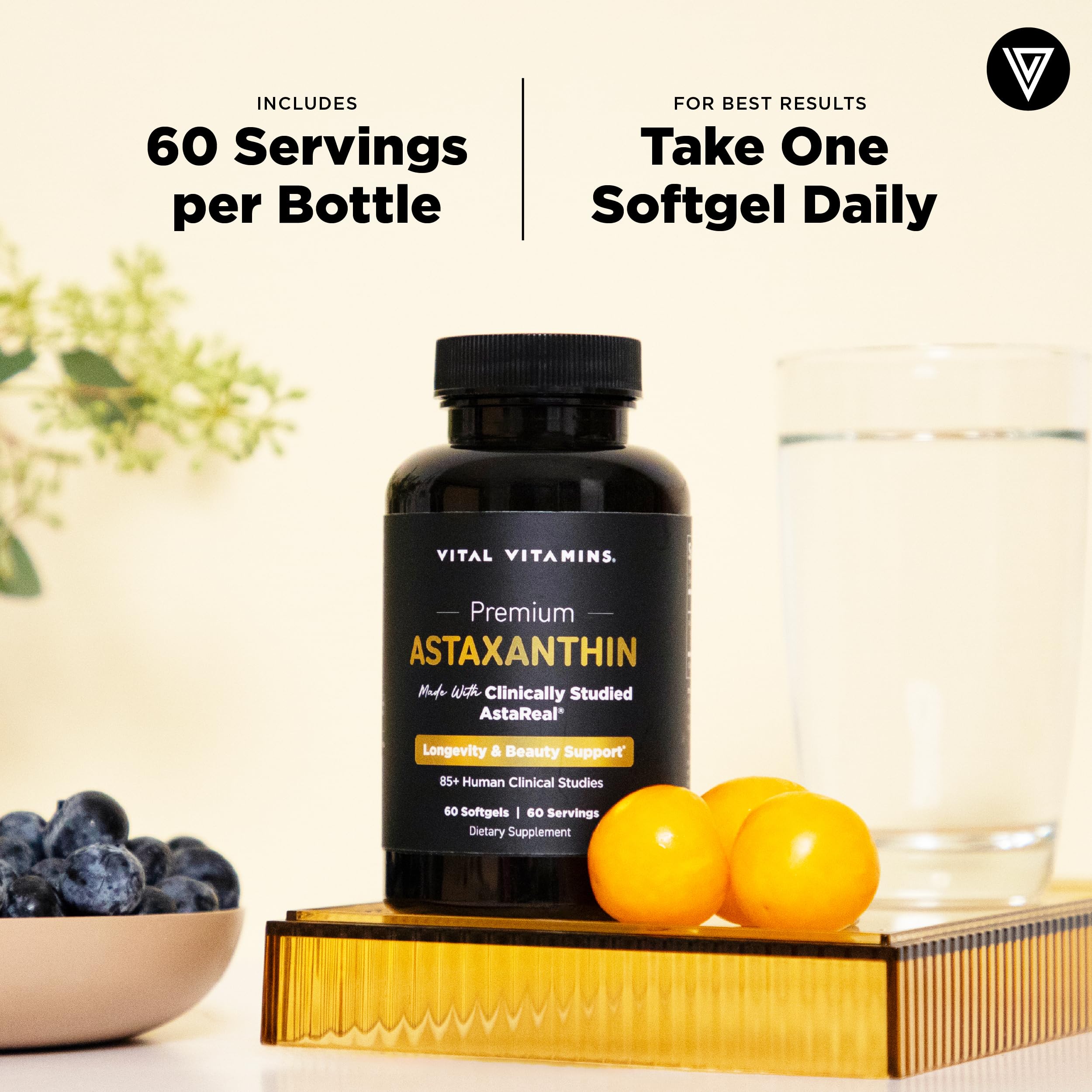 Vital Vitamins Astaxanthin softgels displayed with natural elements