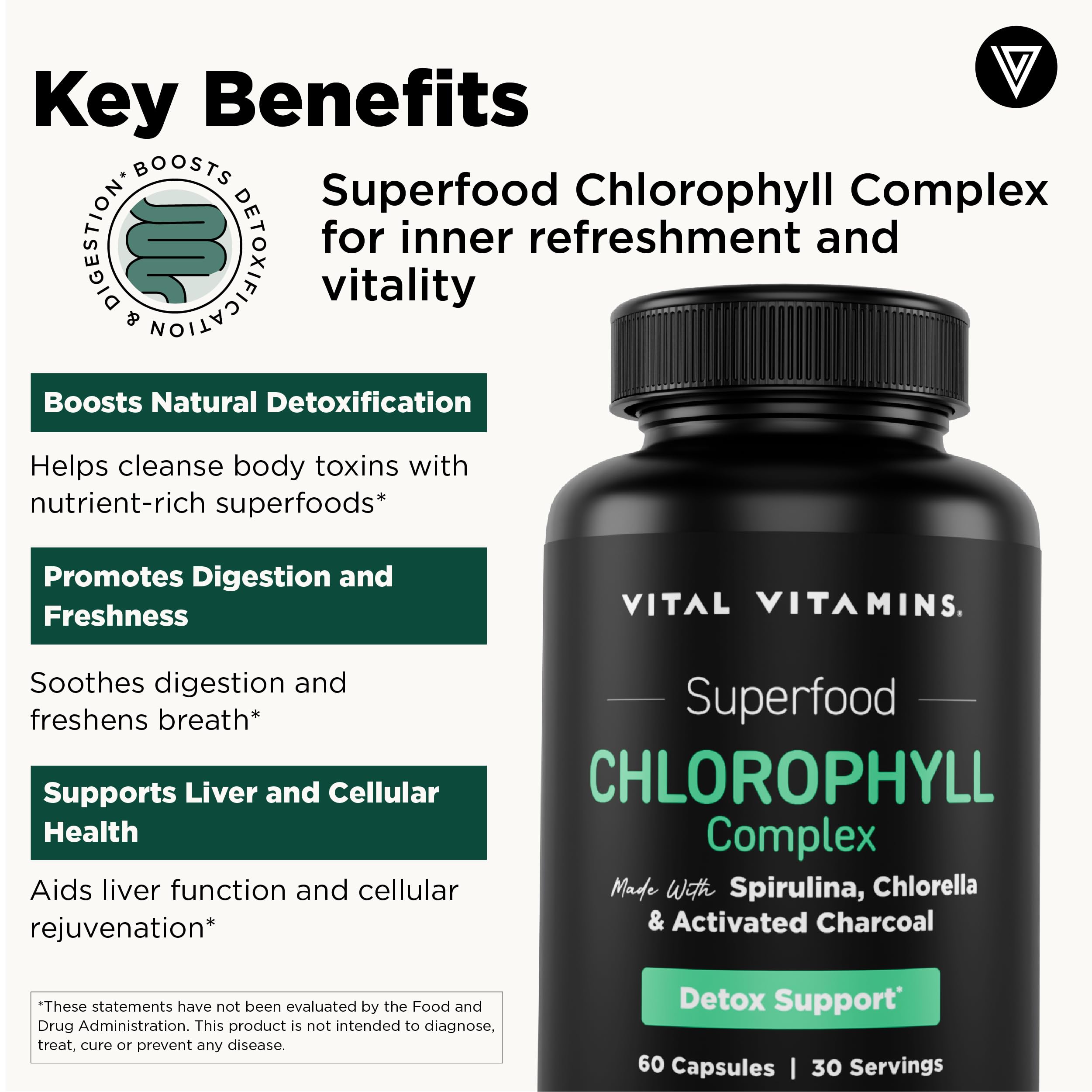 Vital Vitamins Chlorophyll Capsules on a wooden table