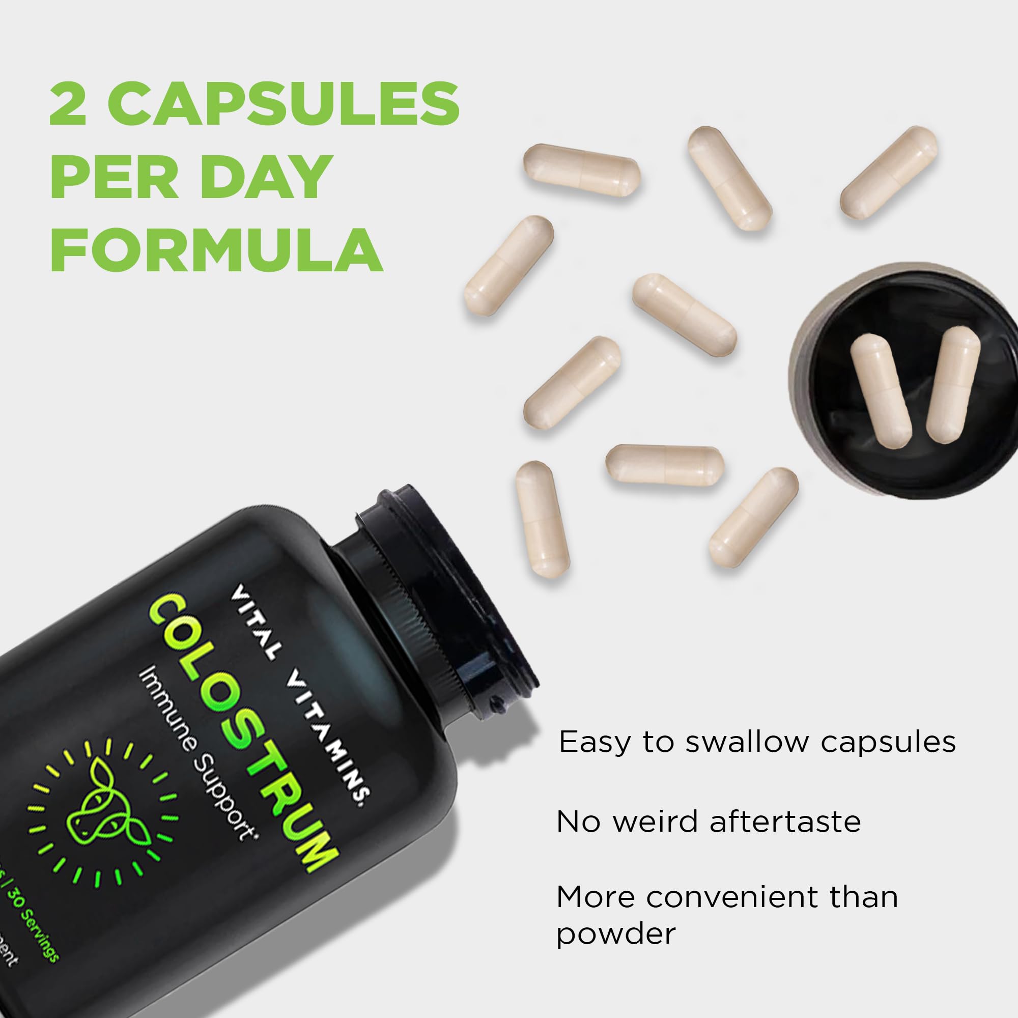 Vital Vitamins Colostrum Capsules with a measuring spoon