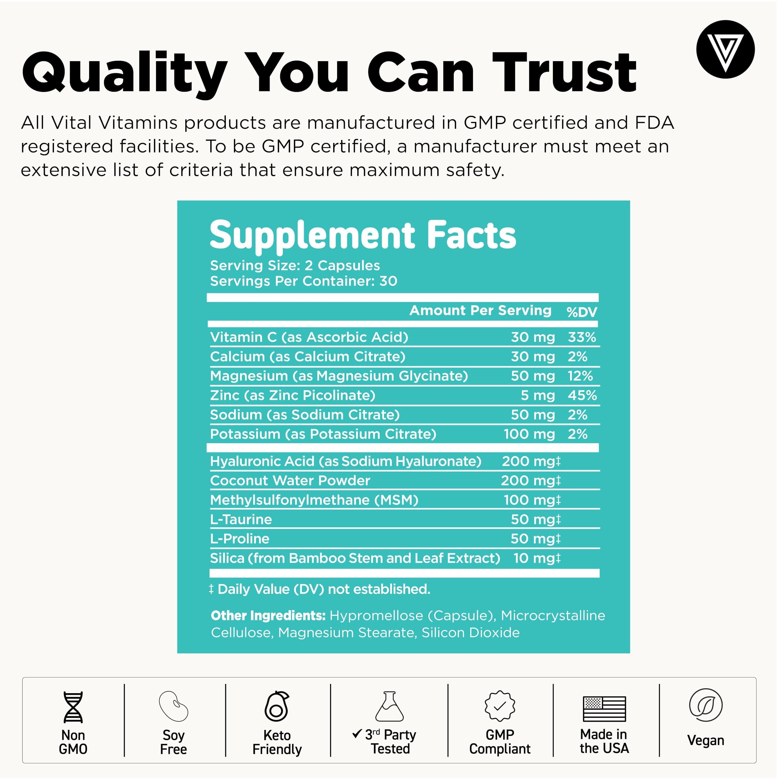 Vital Vitamins Hyaluronic Acid Hydration Complex with measuring spoon