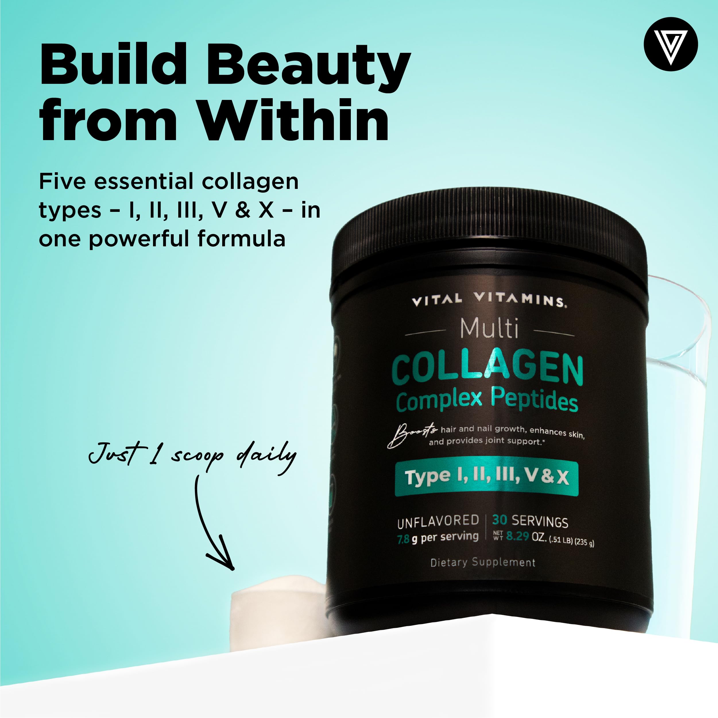 Vital Vitamins Multi Collagen Peptides Powder 322g back view with nutritional information