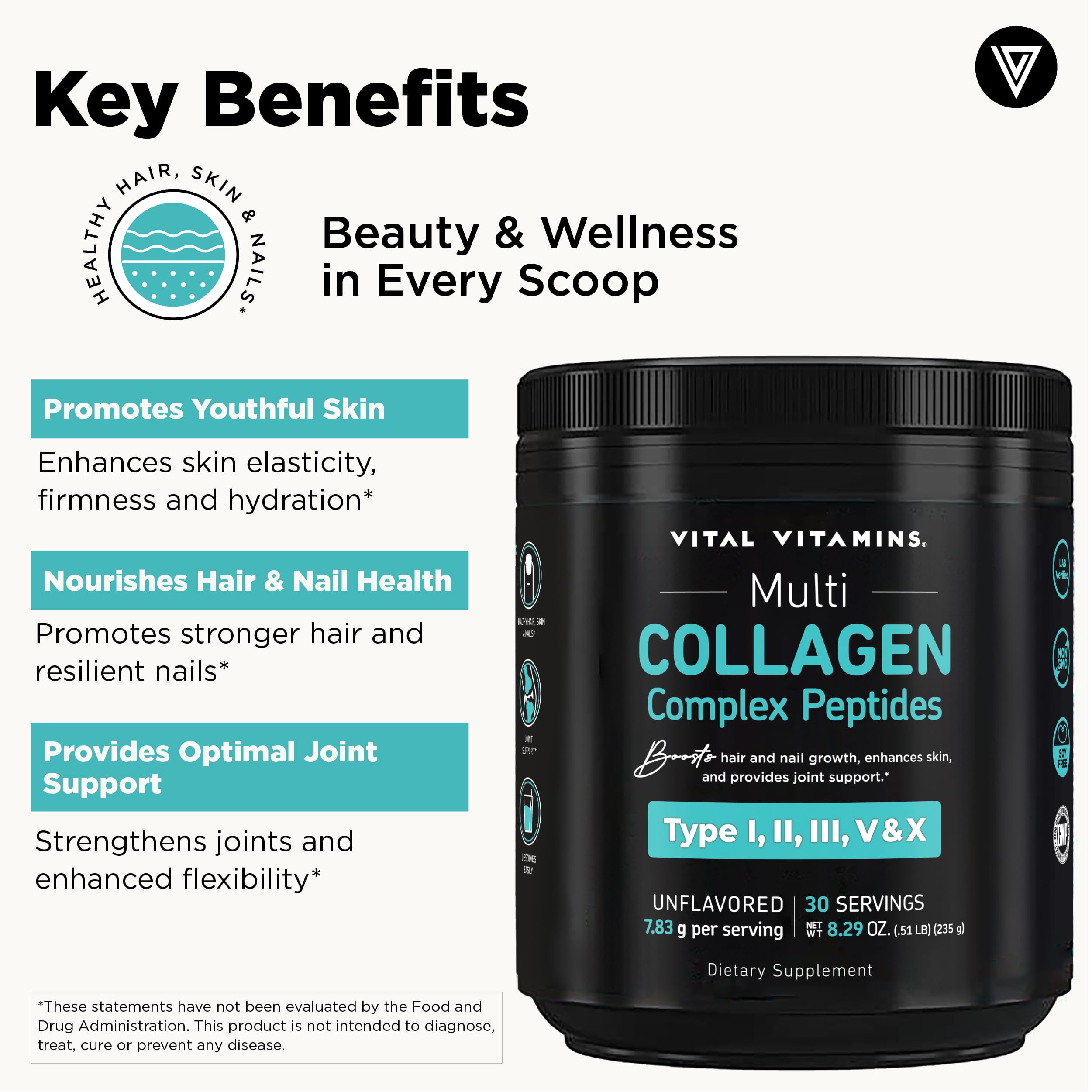 Vital Vitamins Multi Collagen Peptides Powder 322g side view showing packaging
