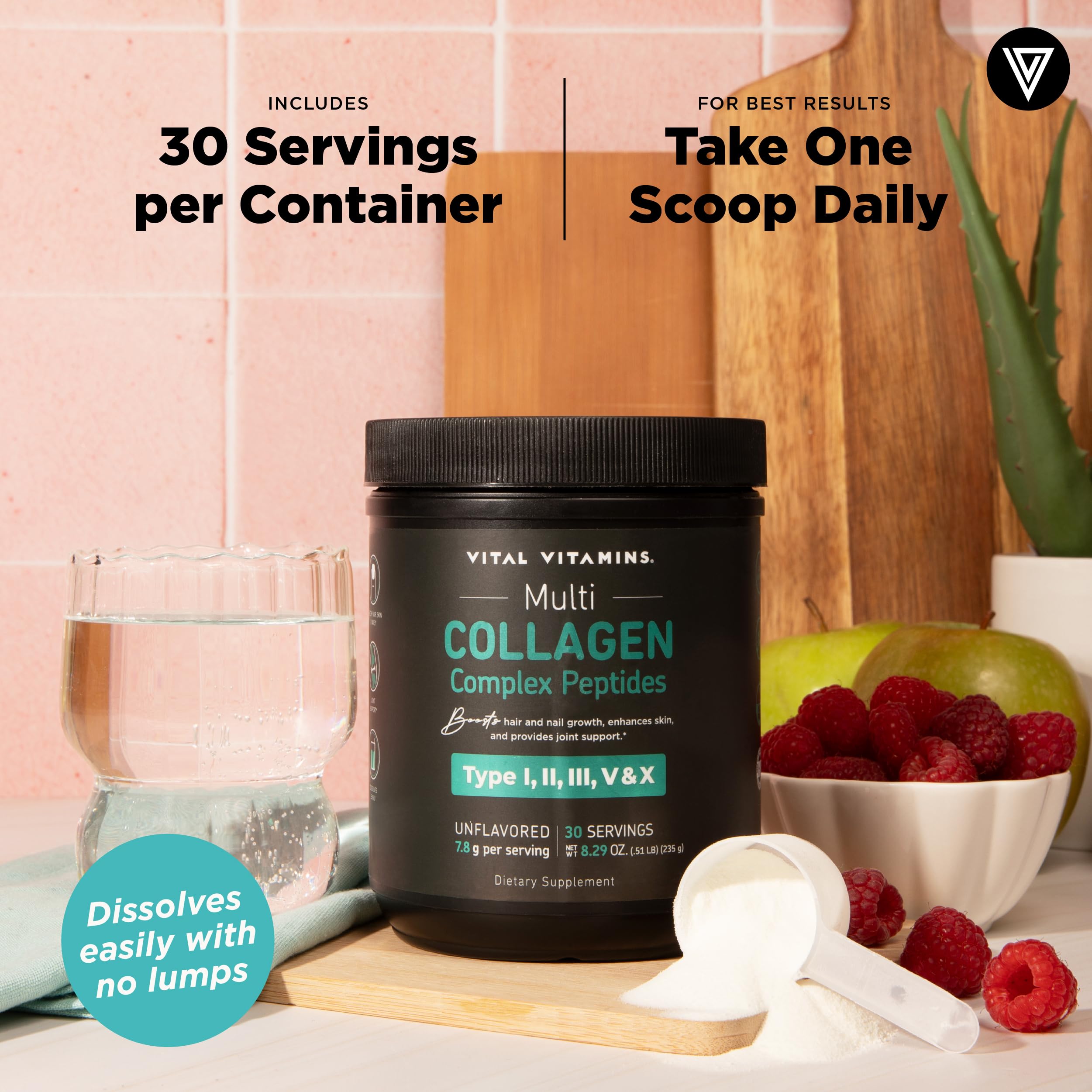 Vital Vitamins Multi Collagen Peptides Powder displayed on a kitchen counter