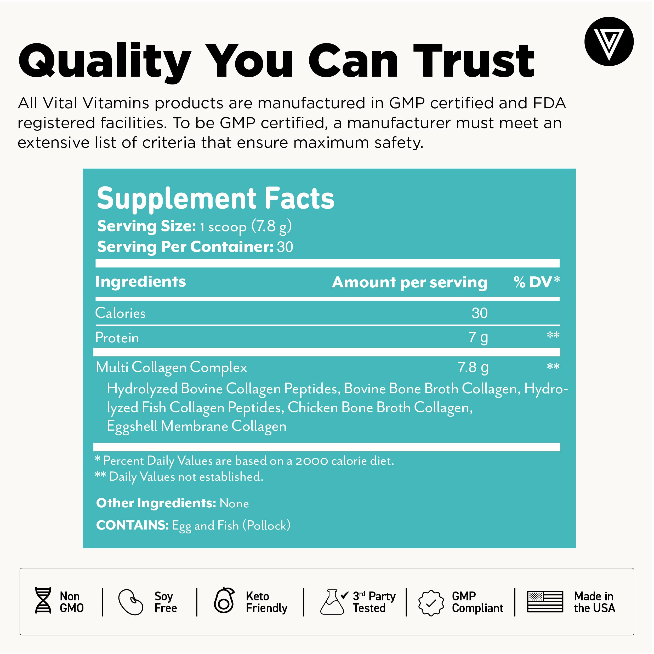 Vital Vitamins Multi Collagen Peptides Powder with a measuring scoop