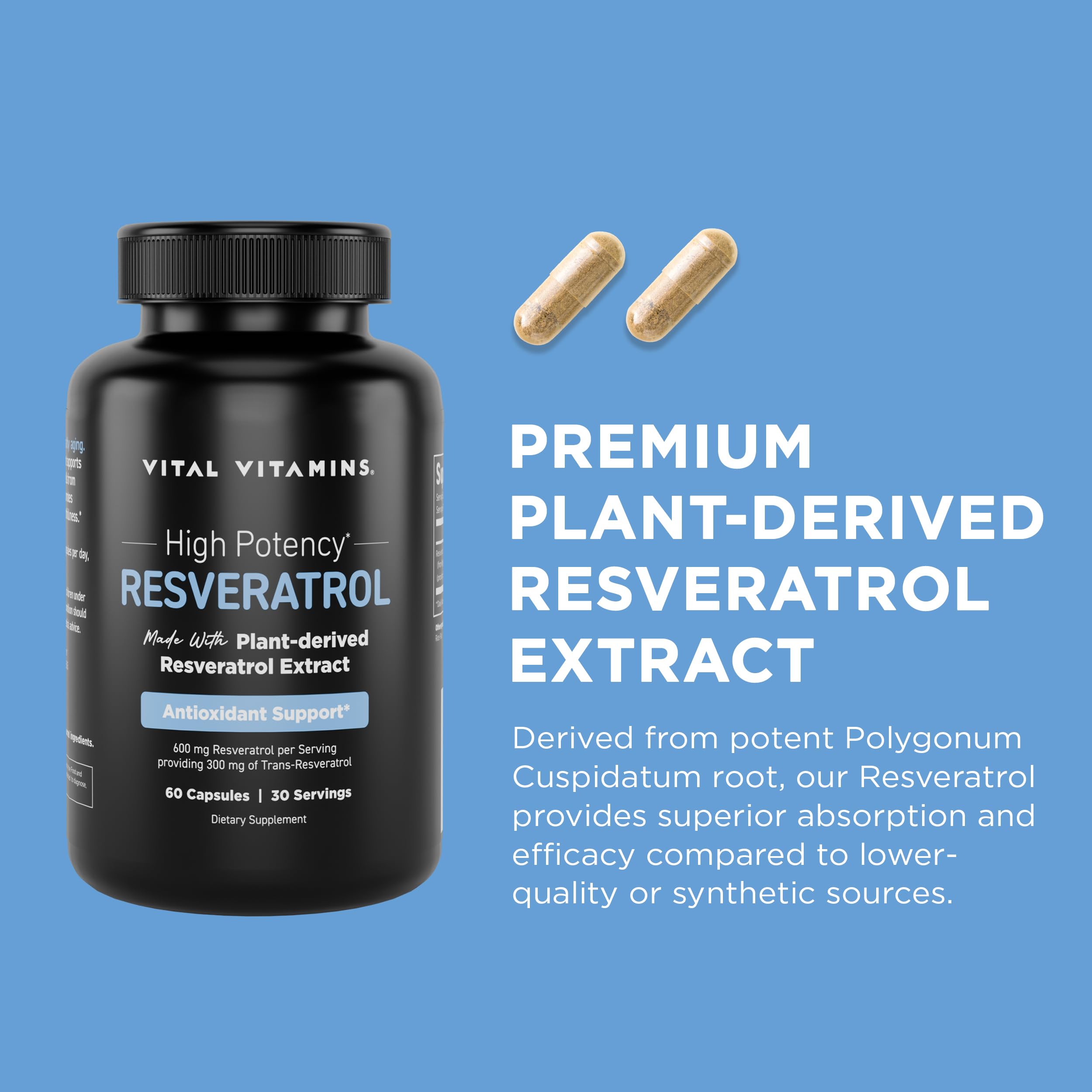 Vital Vitamins Resveratrol Supplement 600mg side view