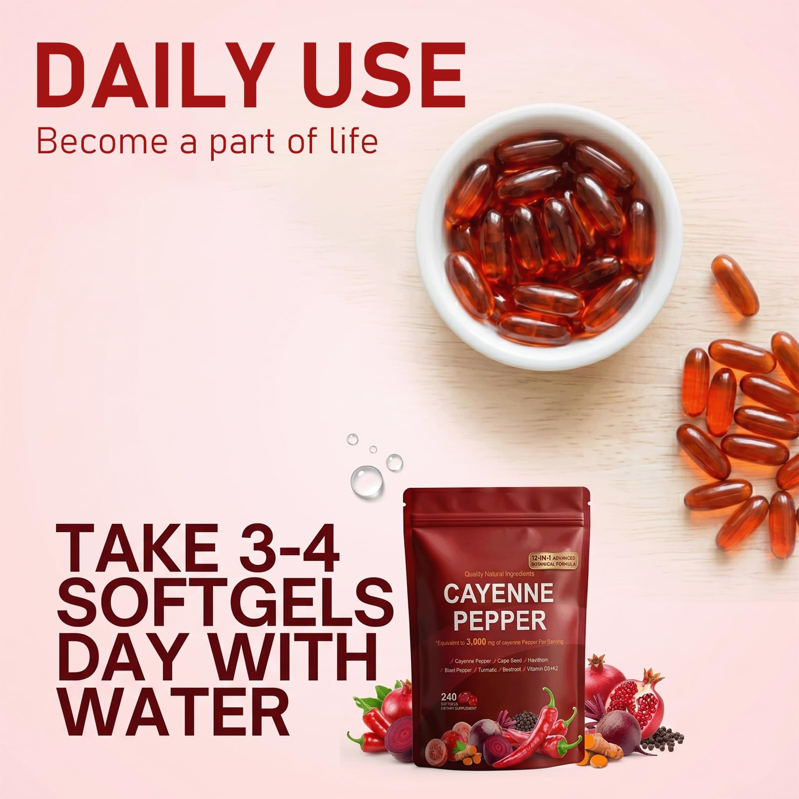 Vitalia Labs Cayenne Pepper Softgels back view with ingredient list