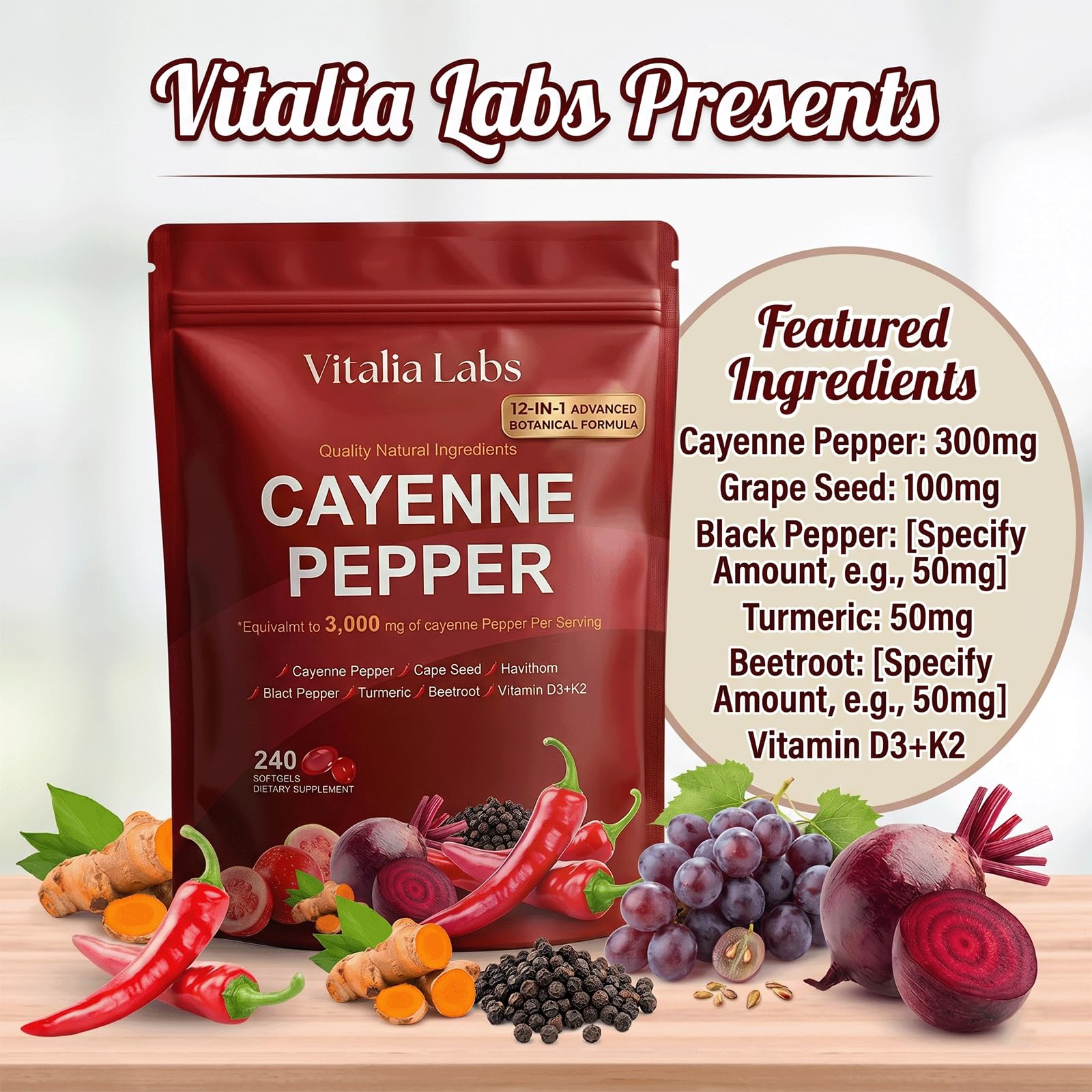 Vitalia Labs Cayenne Pepper Softgels displayed on a wooden table