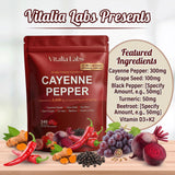 Vitalia Labs Cayenne Pepper Softgels displayed on a wooden table