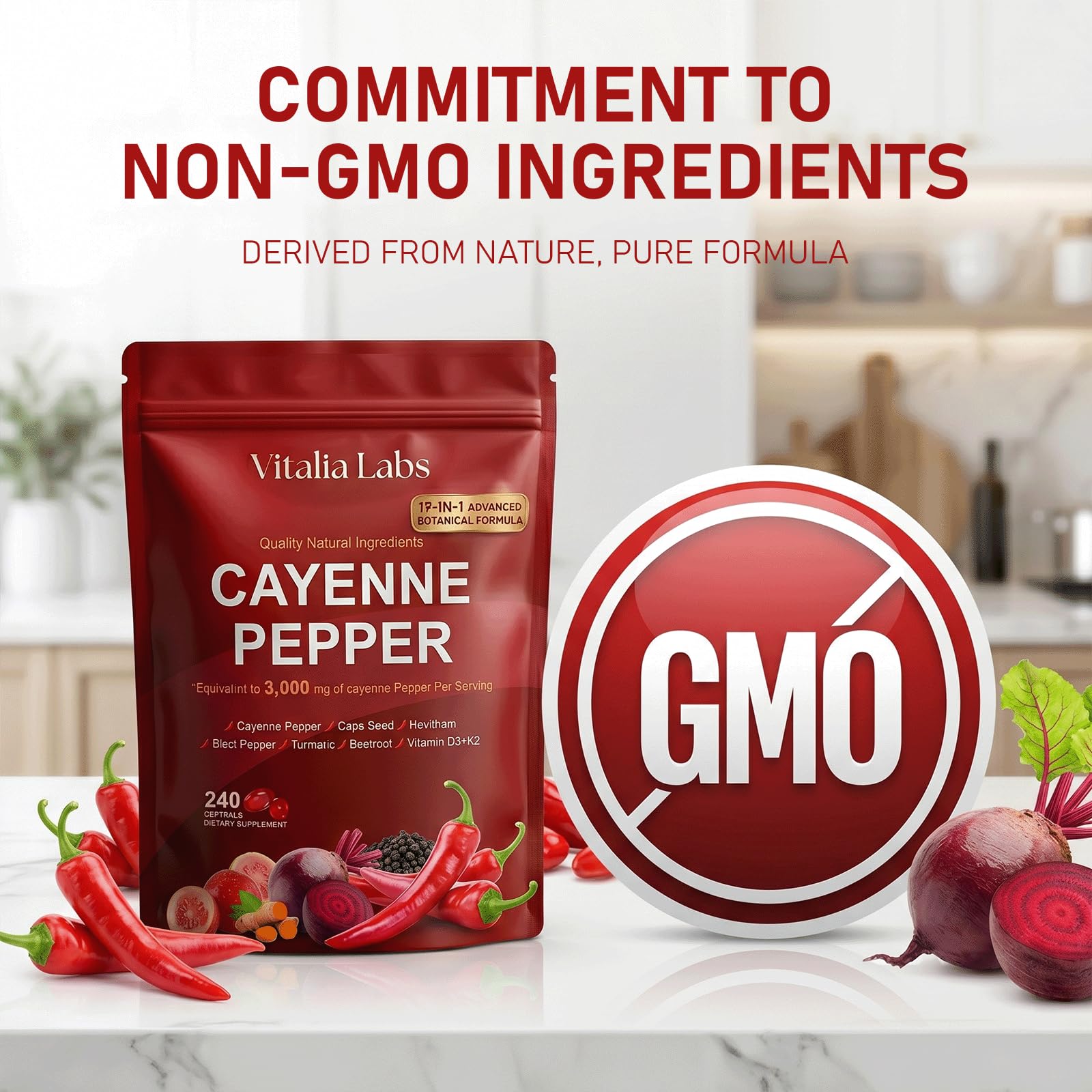 Vitalia Labs Cayenne Pepper Softgels side view with dosage details
