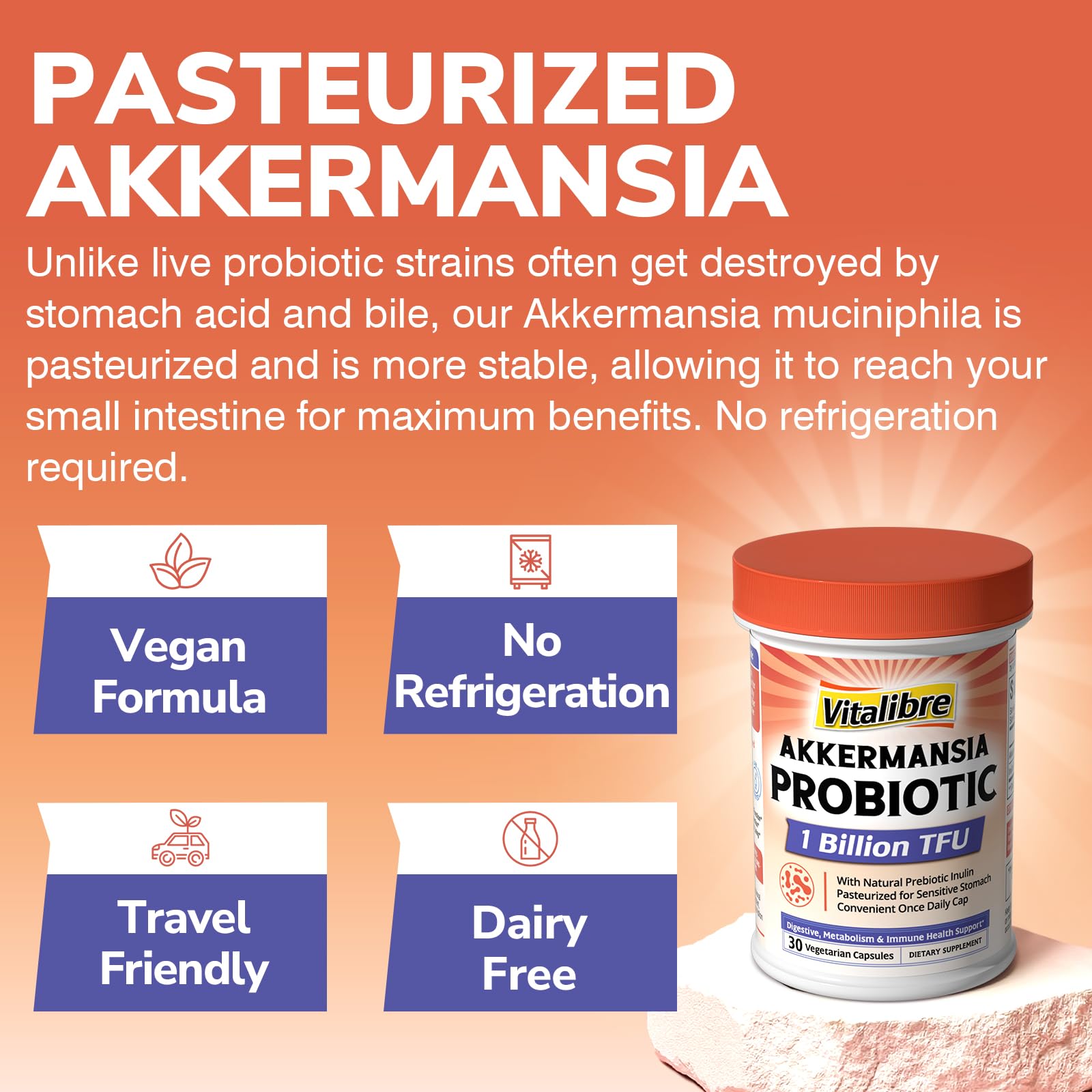 Vitalibre Akkermansia Probiotic Supplement 50g on a kitchen counter