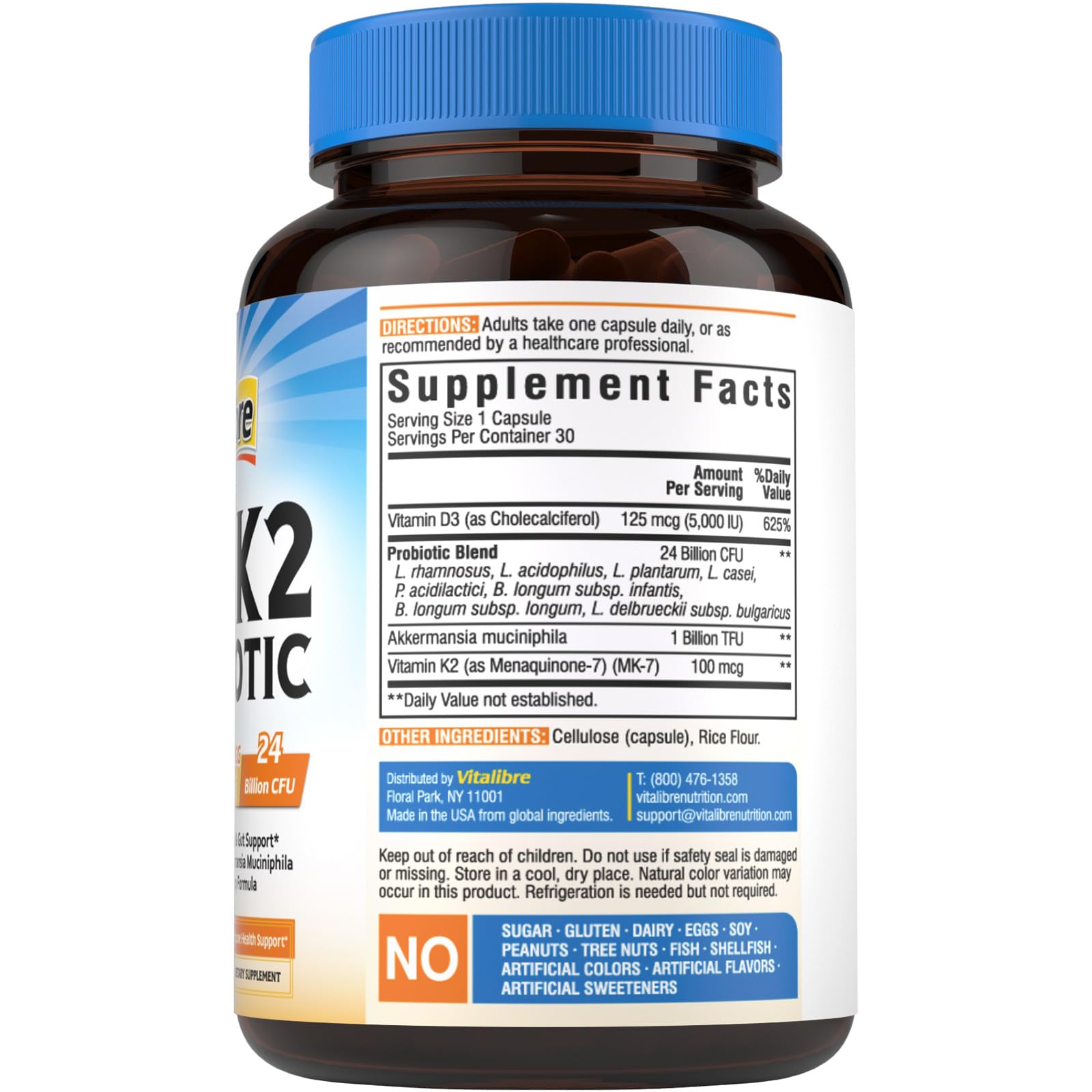 Vitalibre D3 + K2 Probiotic bottle with a glass of water
