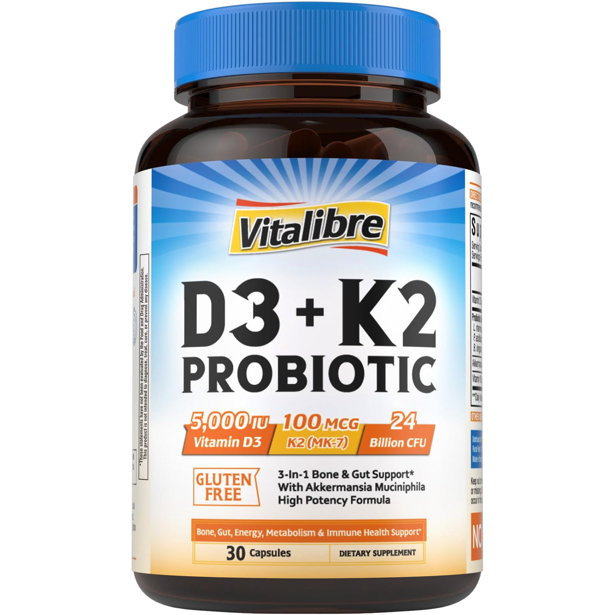 Vitalibre D3 + K2 Probiotic capsule bottle front view