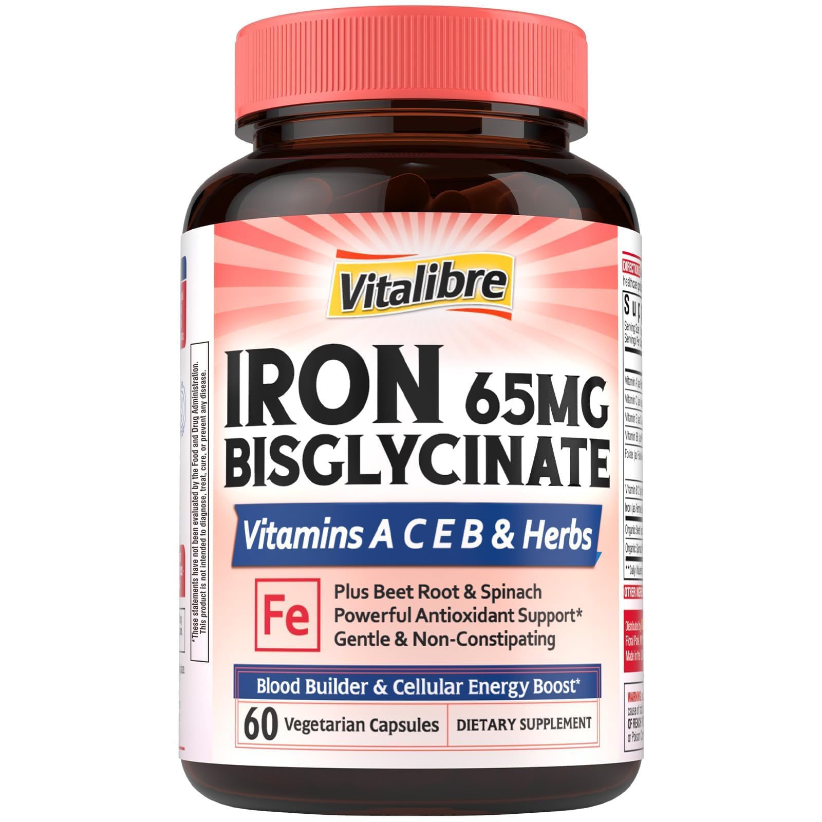 Vitalibre Iron Bisglycinate Supplement 65mg front view