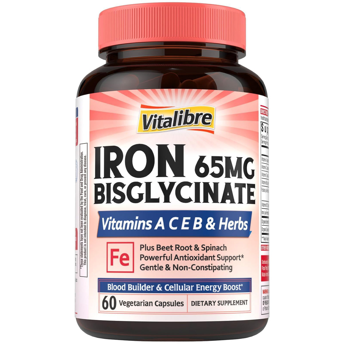 Vitalibre Iron Bisglycinate Supplement 65mg front view