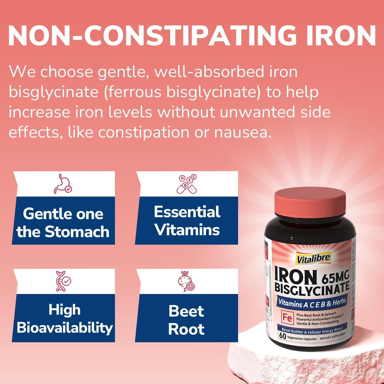 Vitalibre Iron Bisglycinate Supplement 65mg with organic beet root