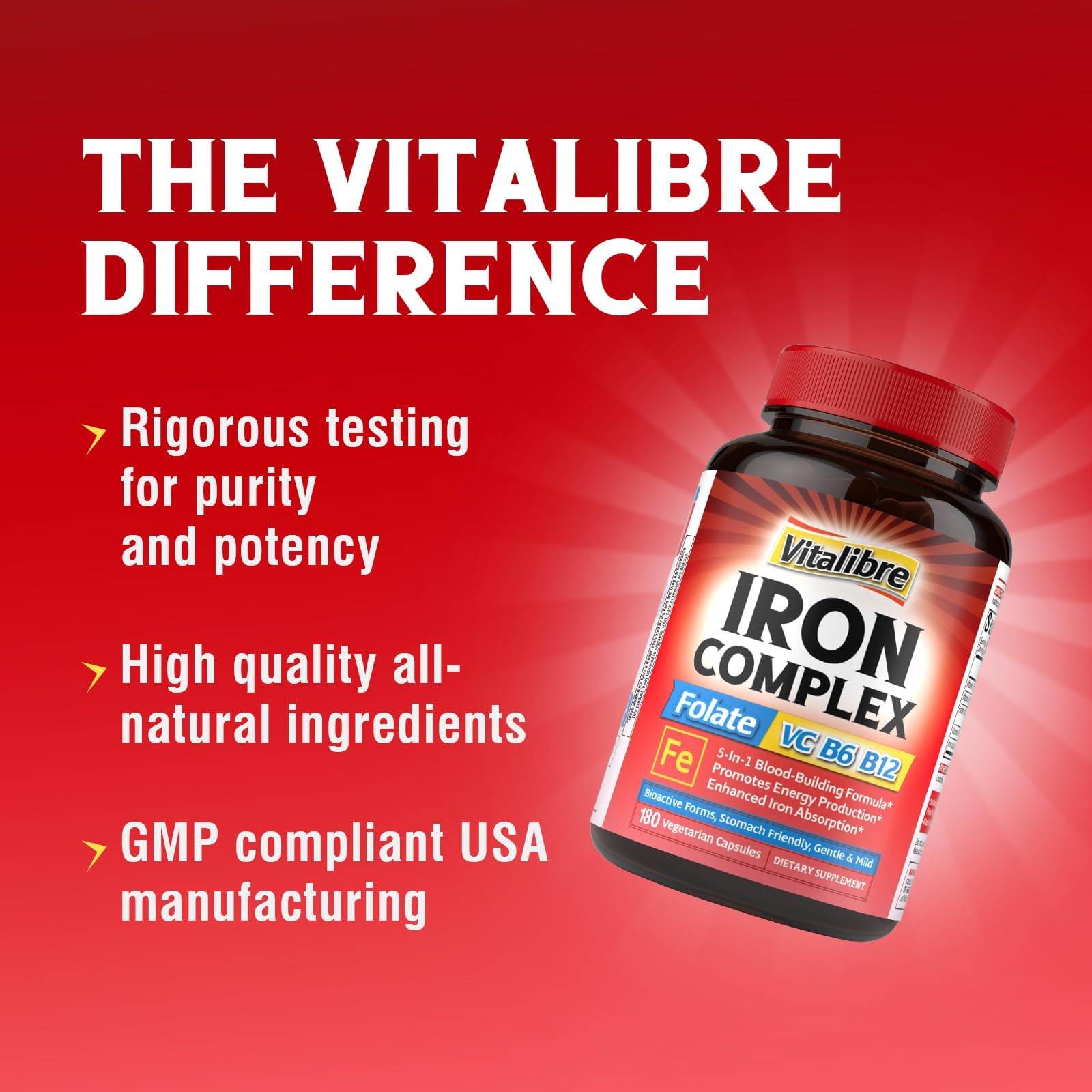 Vitalibre Iron Complex 36mg Iron supplement on a wooden table